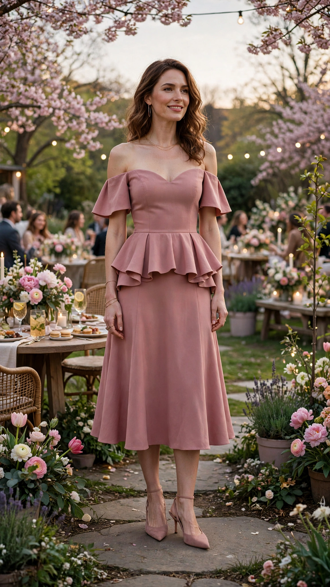 40 Women in Their 30s Peplum Dress Outfits for Spring Parties That Are Fresh, Chic and Easy to Wear 6 Dusty Rose Peplum Dress Outfit with an off-shoulder bodice and slingback heels
