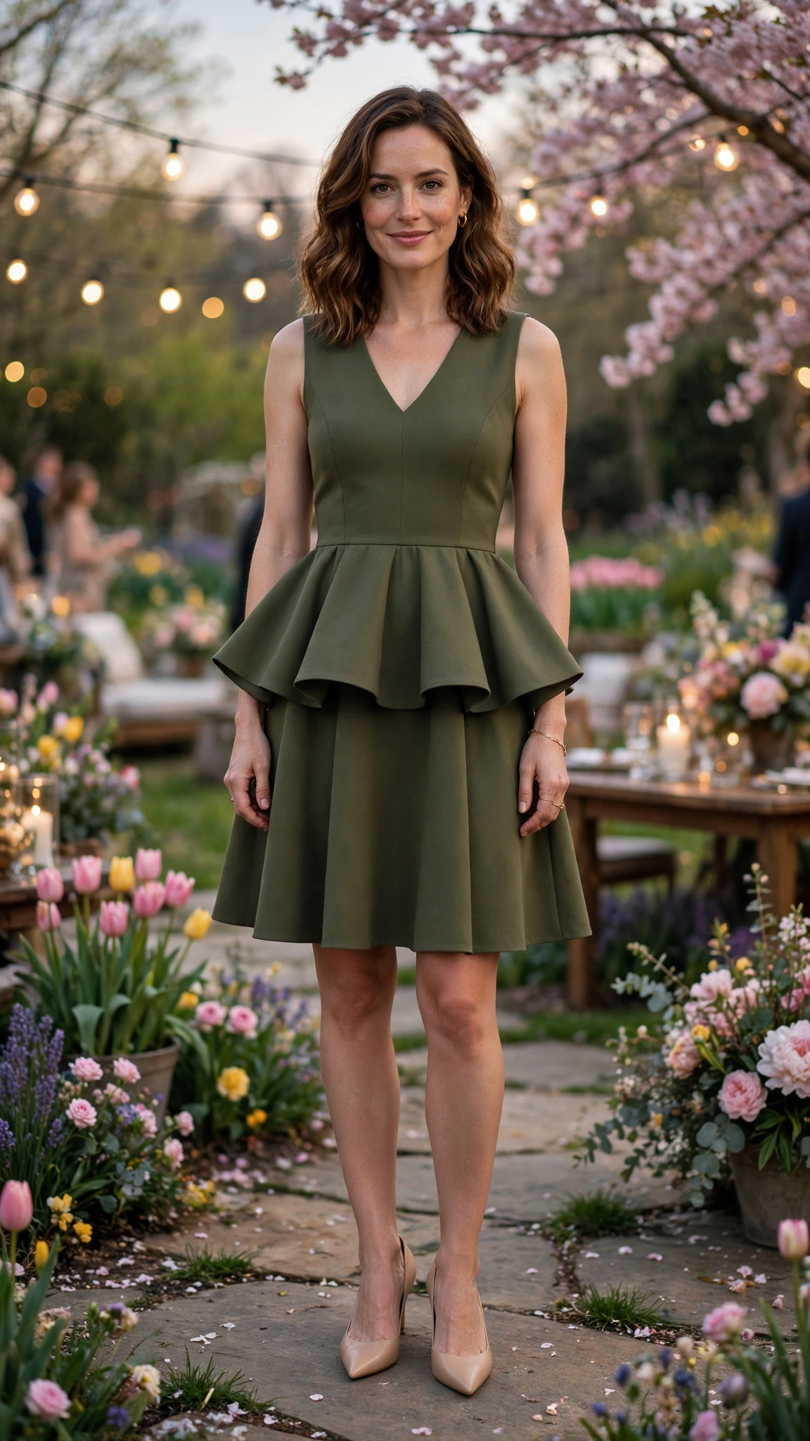 40 Women in Their 30s Peplum Dress Outfits for Spring Parties That Are Fresh, Chic and Easy to Wear 8 Olive Peplum Dress Outfit with a sleeveless bodice and pointed pumps