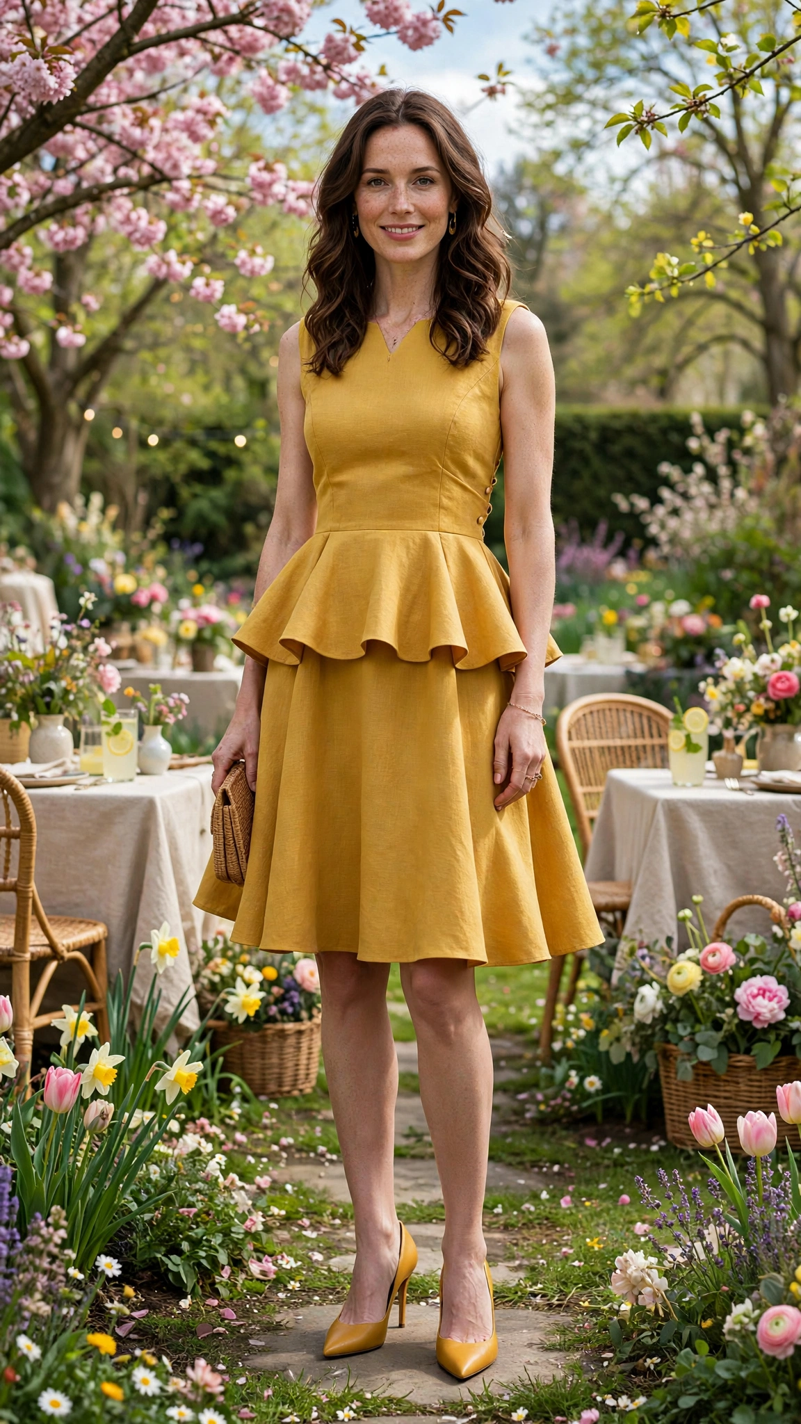 40 Women in Their 30s Peplum Dress Outfits for Spring Parties That Are Fresh, Chic and Easy to Wear 9 Mustard Peplum Dress Outfit with a sleeveless bodice and pointed pumps