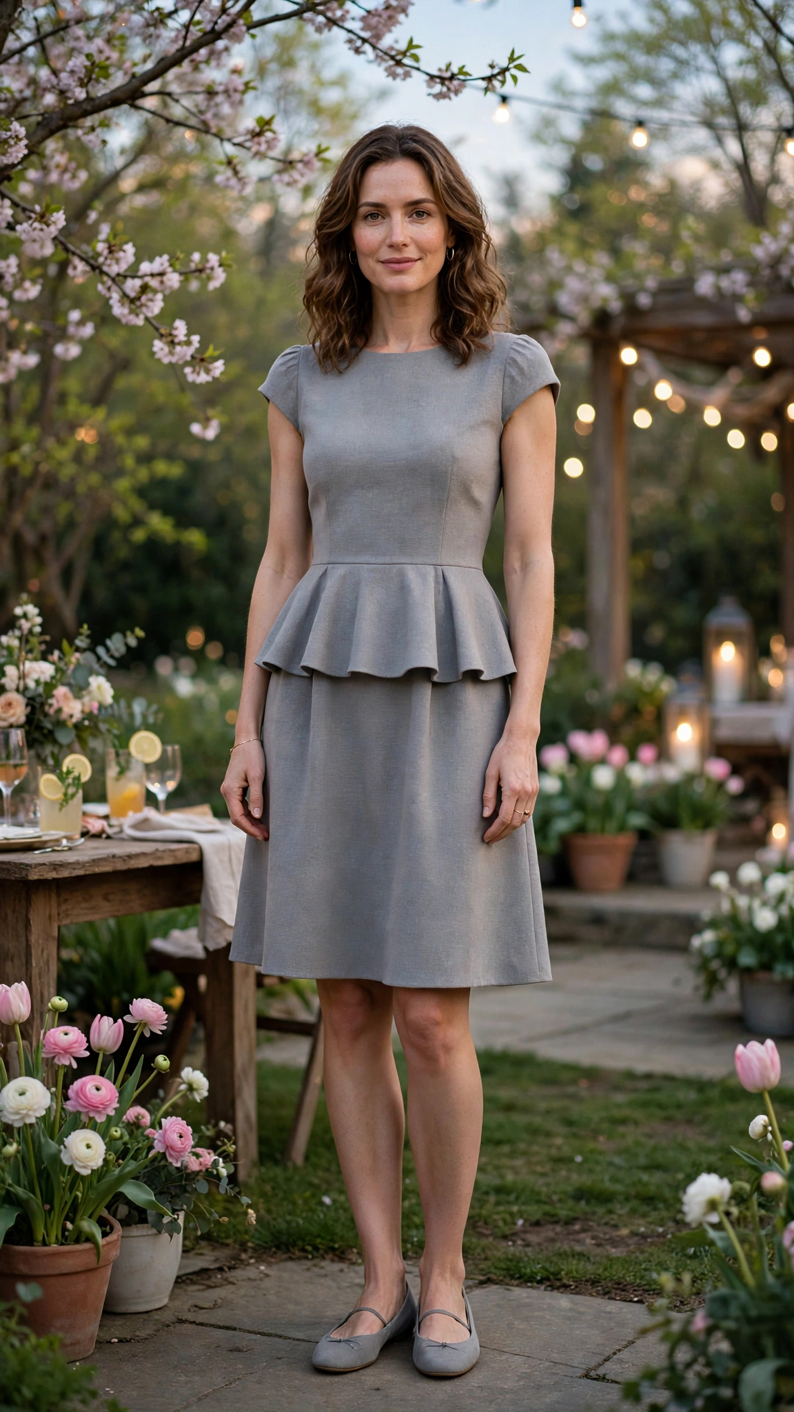 40 Women in Their 30s Peplum Dress Outfits for Spring Parties That Are Fresh, Chic and Easy to Wear 11 Soft Grey Peplum Dress Outfit with a cap-sleeve bodice and ballet flats