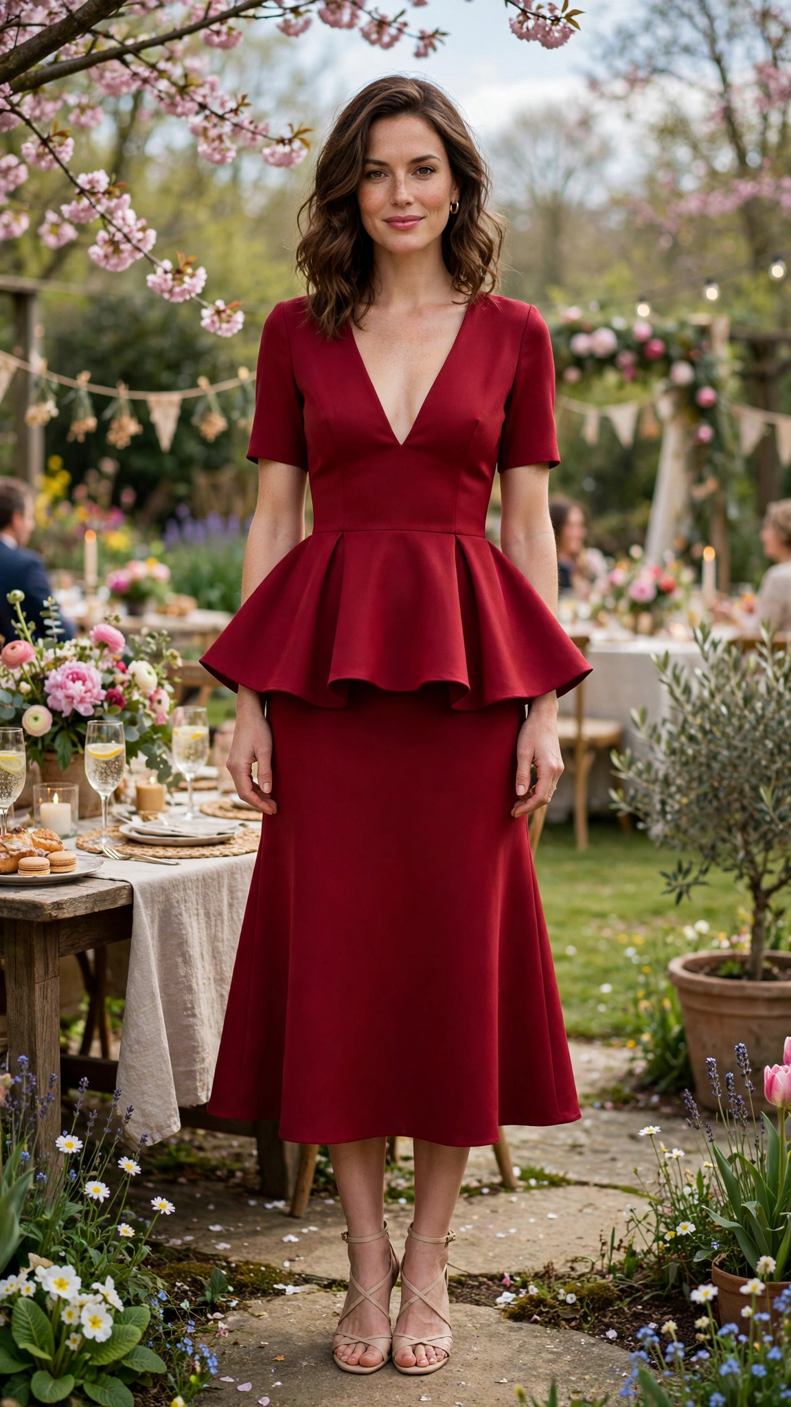 40 Women in Their 30s Peplum Dress Outfits for Spring Parties That Are Fresh, Chic and Easy to Wear 12 Deep Red Peplum Dress Outfit with a V-neck bodice and nude sandals