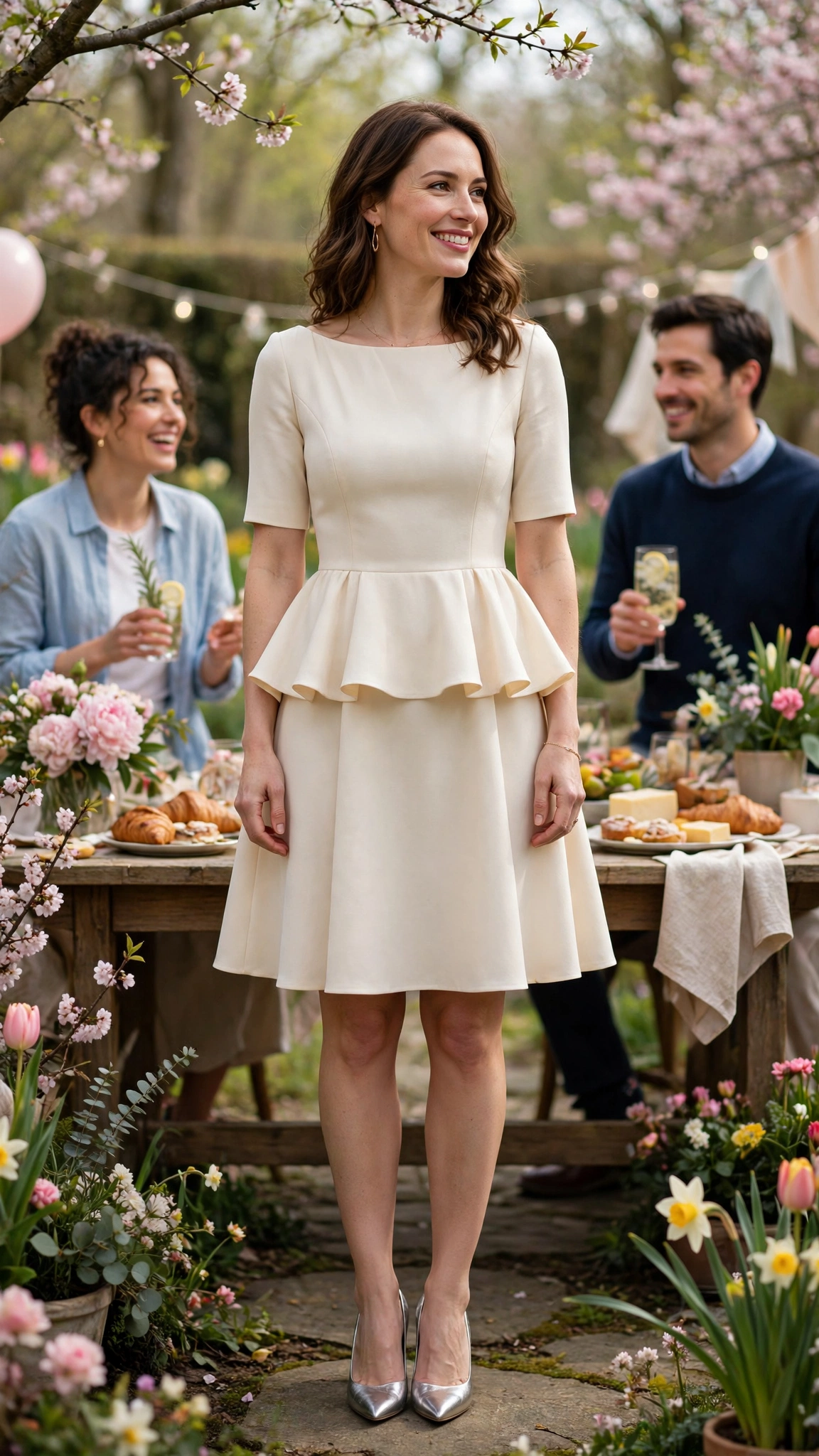 40 Women in Their 30s Peplum Dress Outfits for Spring Parties That Are Fresh, Chic and Easy to Wear 15 Cream Peplum Dress Outfit with a boat-neck bodice and metallic pumps