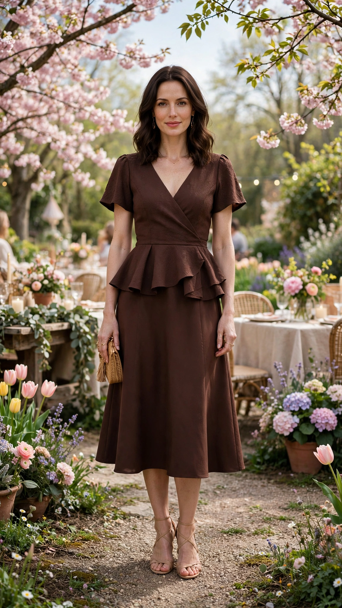 40 Women in Their 30s Peplum Dress Outfits for Spring Parties That Are Fresh, Chic and Easy to Wear 19 Chocolate Peplum Dress Outfit with a V-neck bodice and nude sandals
