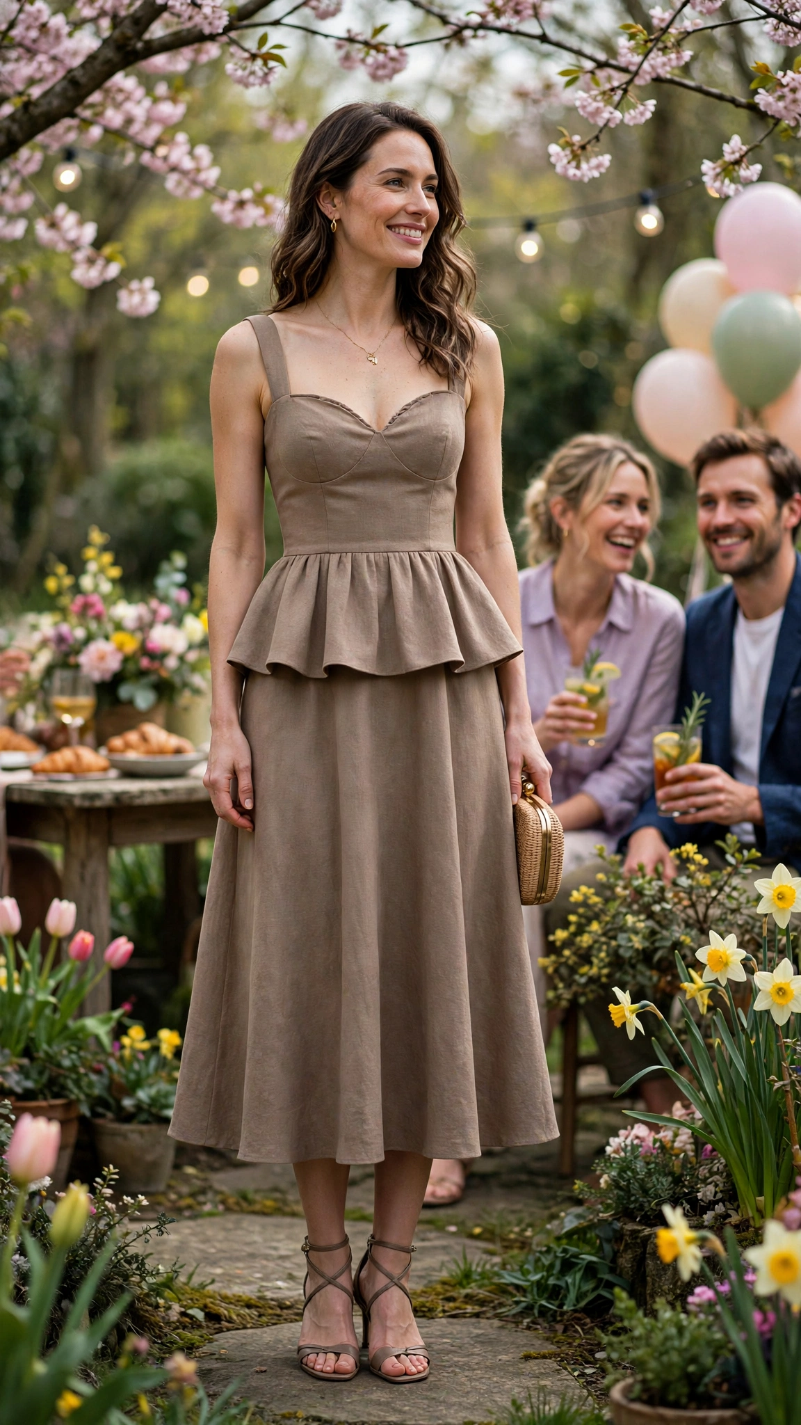 40 Women in Their 30s Peplum Dress Outfits for Spring Parties That Are Fresh, Chic and Easy to Wear 20 Warm Taupe Peplum Dress Outfit with a sweetheart bodice and strappy heels