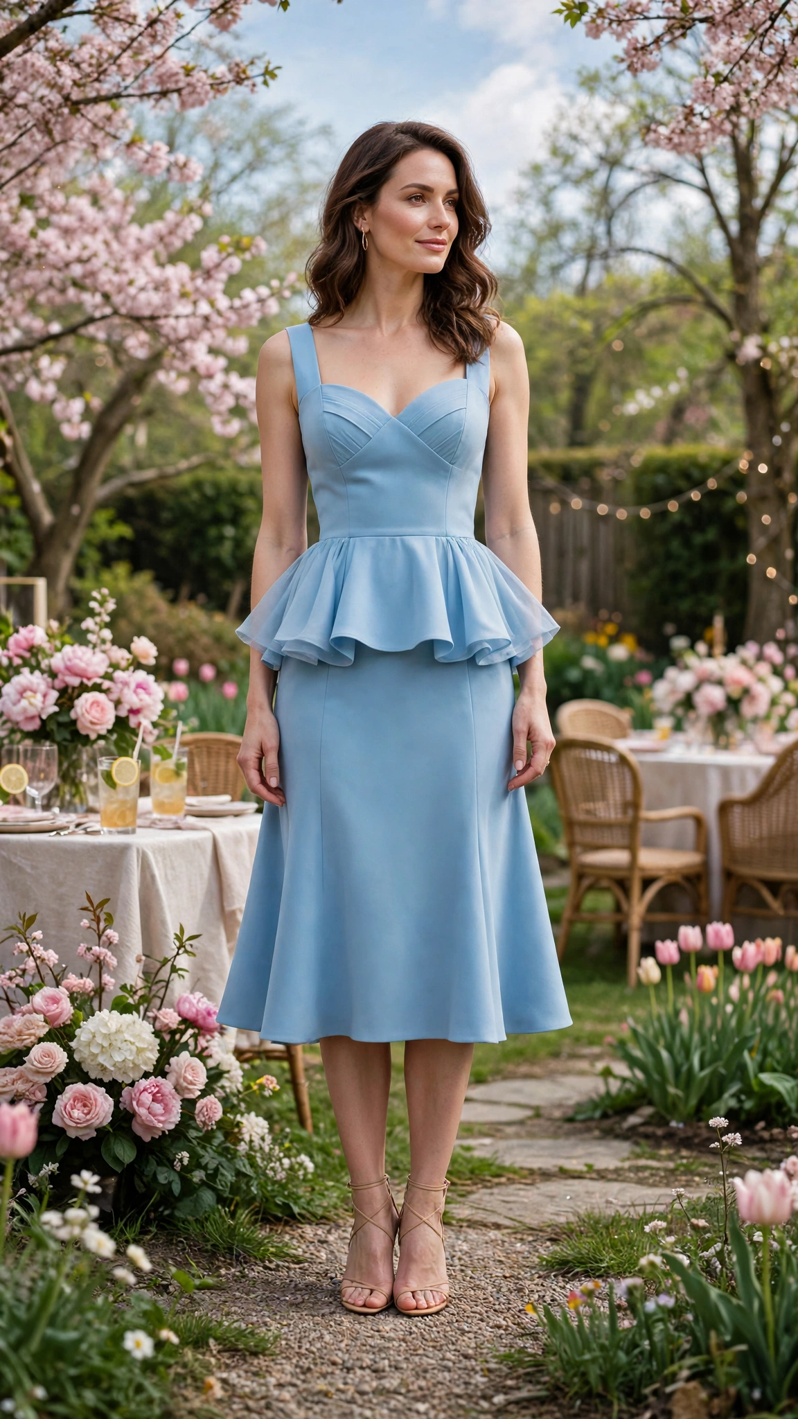 40 Women in Their 30s Peplum Dress Outfits for Spring Parties That Are Fresh, Chic and Easy to Wear 24 Sky Blue Peplum Dress Outfit with a sweetheart bodice and strappy heels
