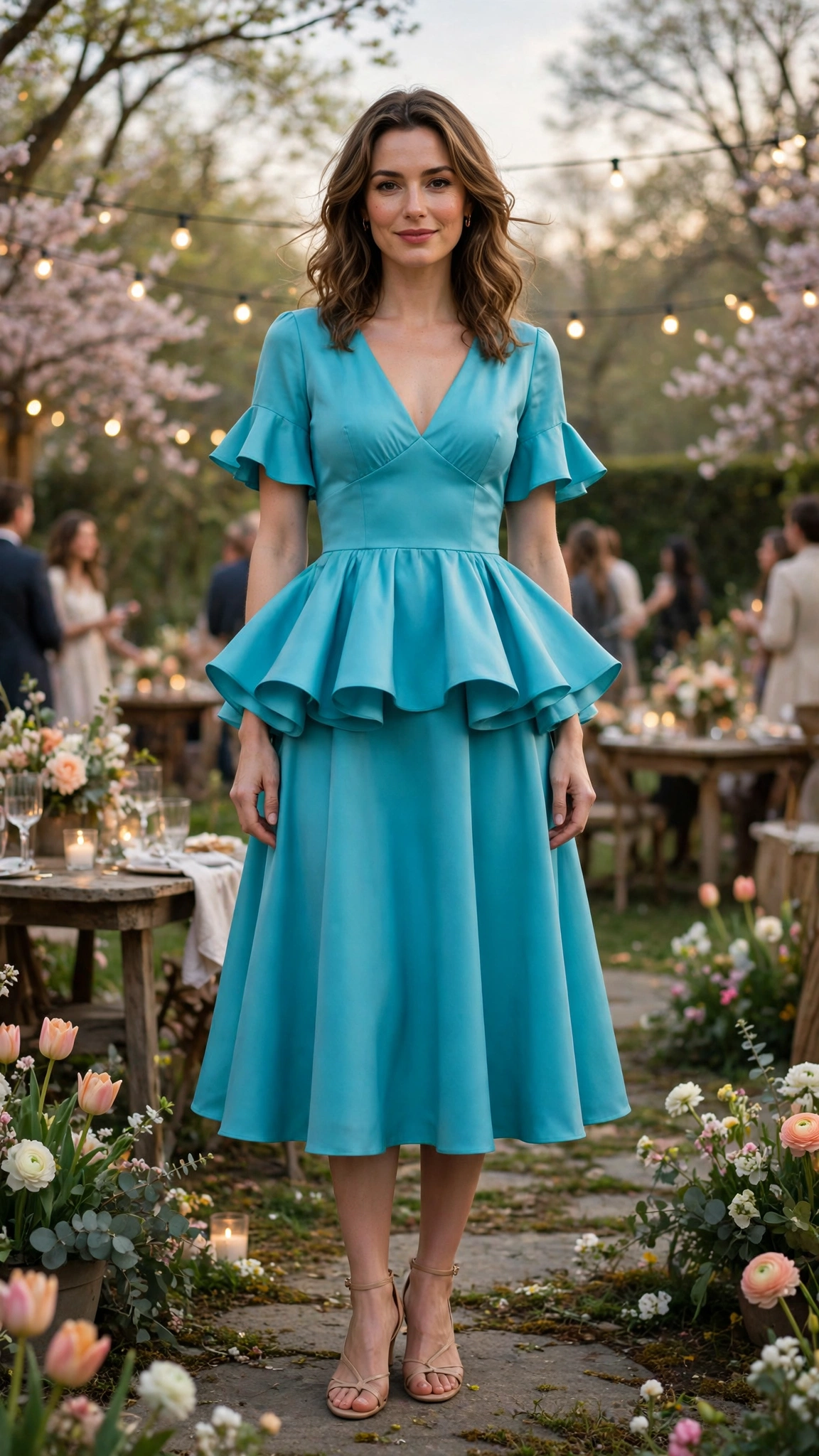 40 Women in Their 30s Peplum Dress Outfits for Spring Parties That Are Fresh, Chic and Easy to Wear 26 Turquoise Peplum Dress Outfit with a V-neck bodice and nude sandals