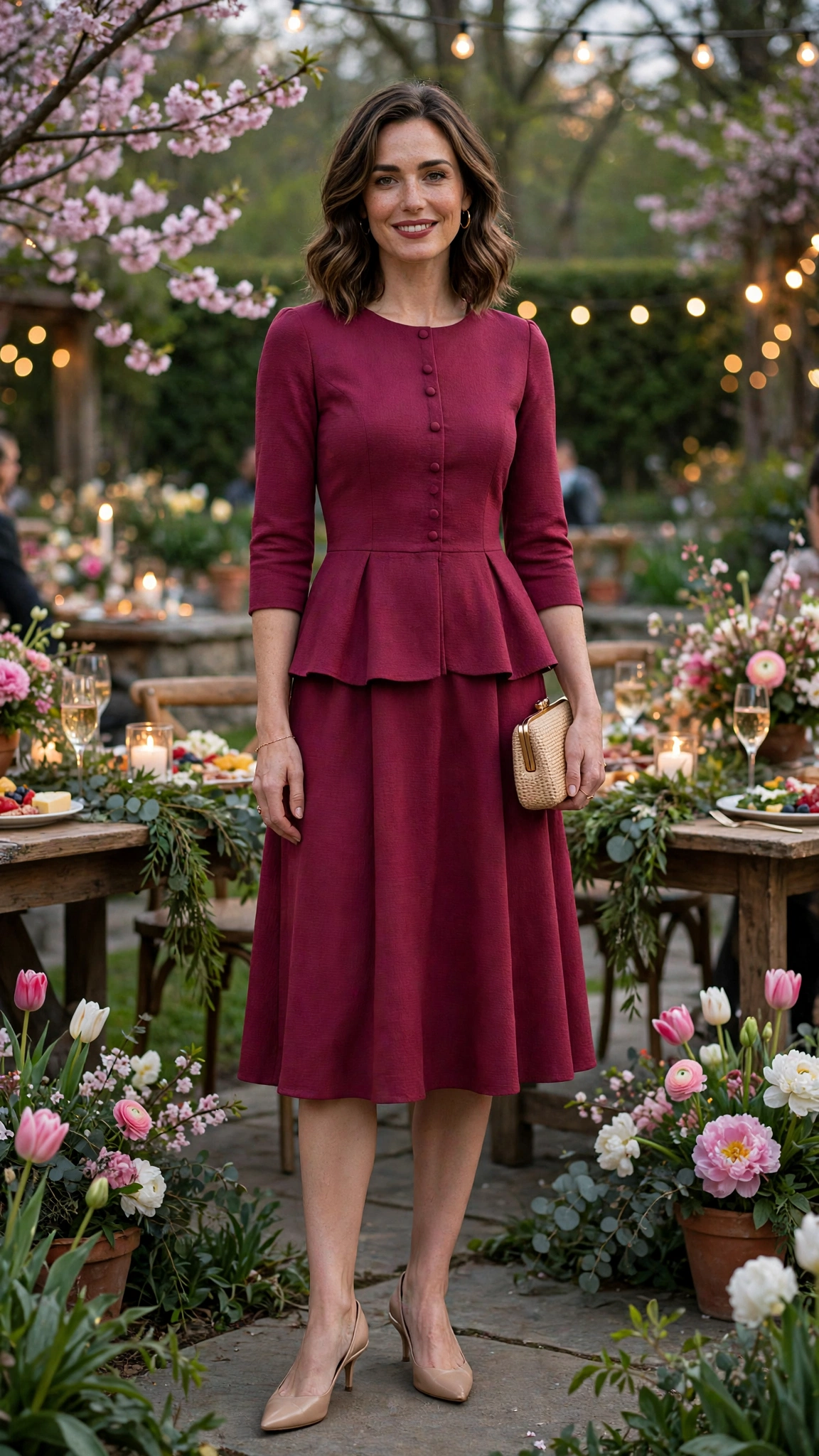 40 Women in Their 30s Peplum Dress Outfits for Spring Parties That Are Fresh, Chic and Easy to Wear 31 Berry Peplum Dress Outfit with a three-quarter sleeve bodice and kitten heels