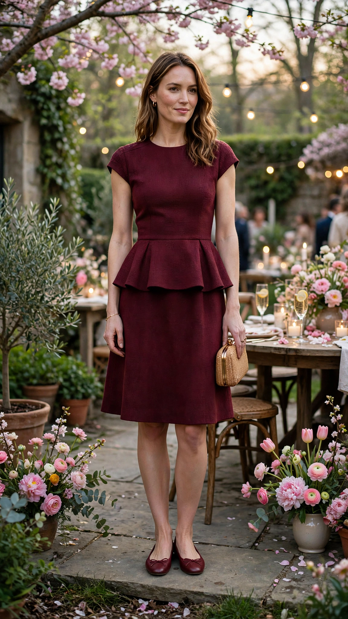 40 Women in Their 30s Peplum Dress Outfits for Spring Parties That Are Fresh, Chic and Easy to Wear 33 Burgundy Peplum Dress Outfit with a cap-sleeve bodice and ballet flats