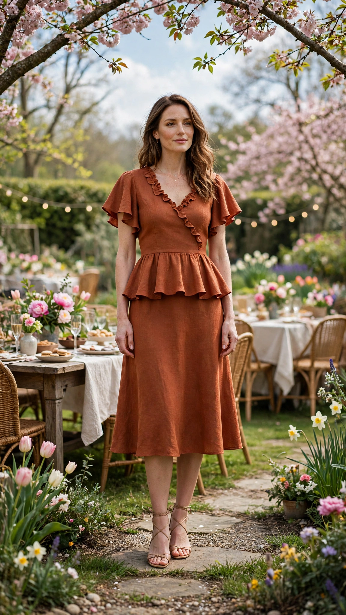 40 Women in Their 30s Peplum Dress Outfits for Spring Parties That Are Fresh, Chic and Easy to Wear 34 Rust Peplum Dress Outfit with a flutter-sleeve bodice and nude strappy sandals