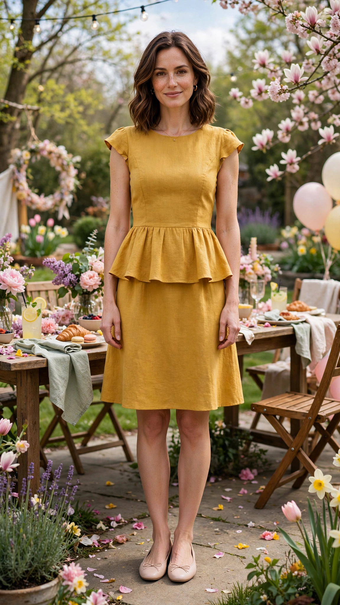 40 Women in Their 30s Peplum Dress Outfits for Spring Parties That Are Fresh, Chic and Easy to Wear 37 Mustard Peplum Dress Outfit with a cap-sleeve bodice and ballet flats