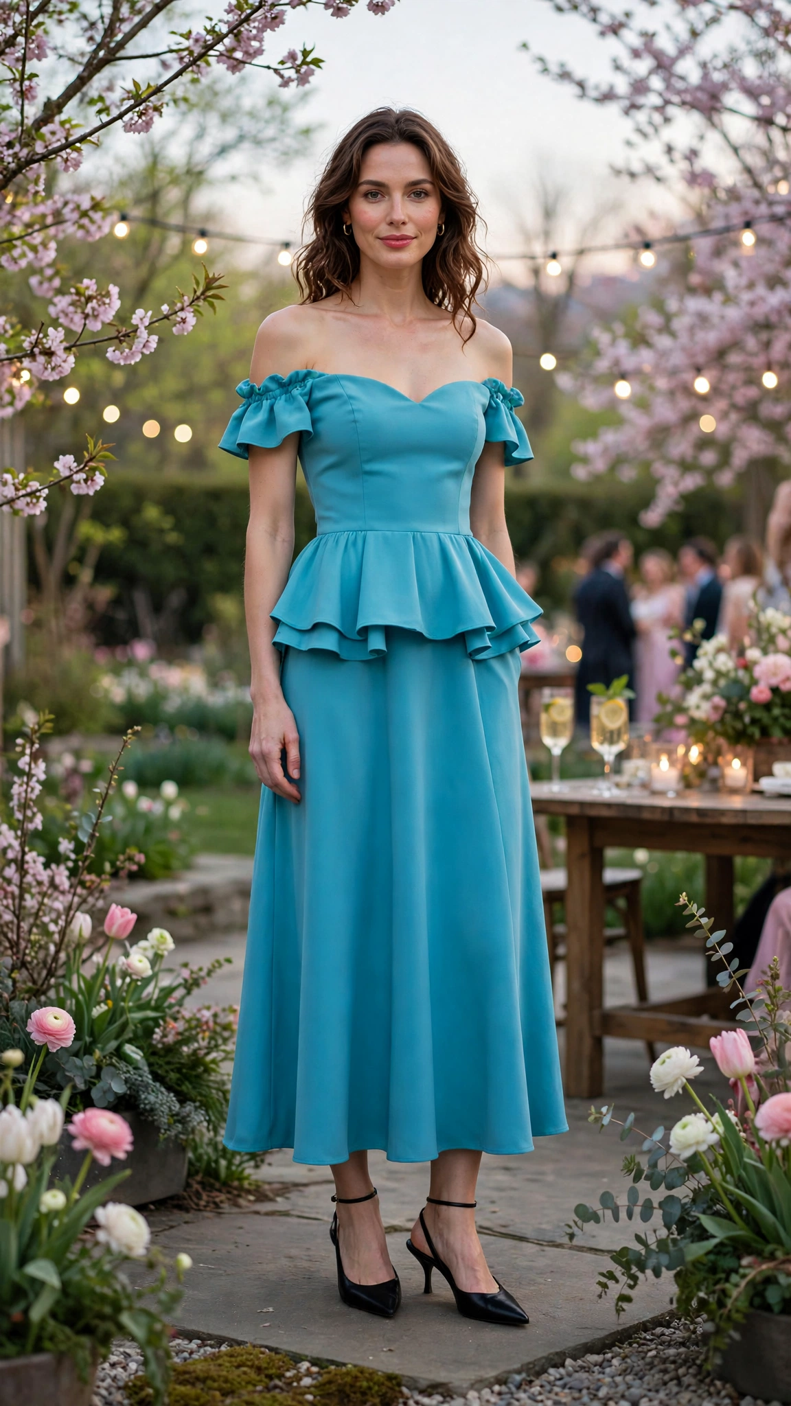 40 Women in Their 30s Peplum Dress Outfits for Spring Parties That Are Fresh, Chic and Easy to Wear 38 Turquoise Peplum Dress Outfit with an off-shoulder bodice and slingback heels