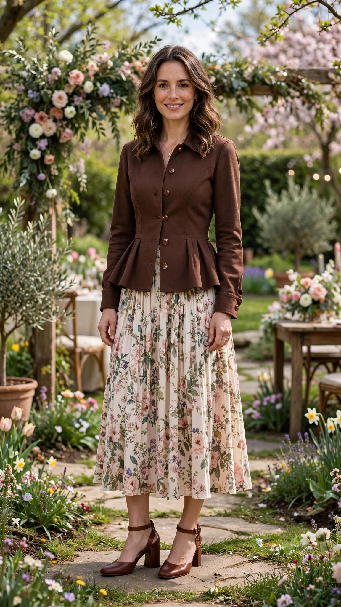 Chocolate Peplum Jacket Outfit with a floral midi skirt and block heels