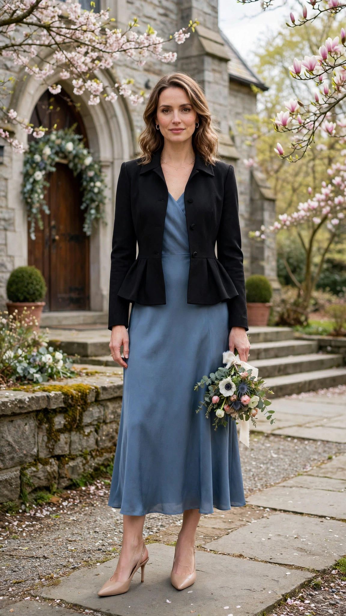 Black Peplum Jacket Outfit with a dusty blue dress and nude heels