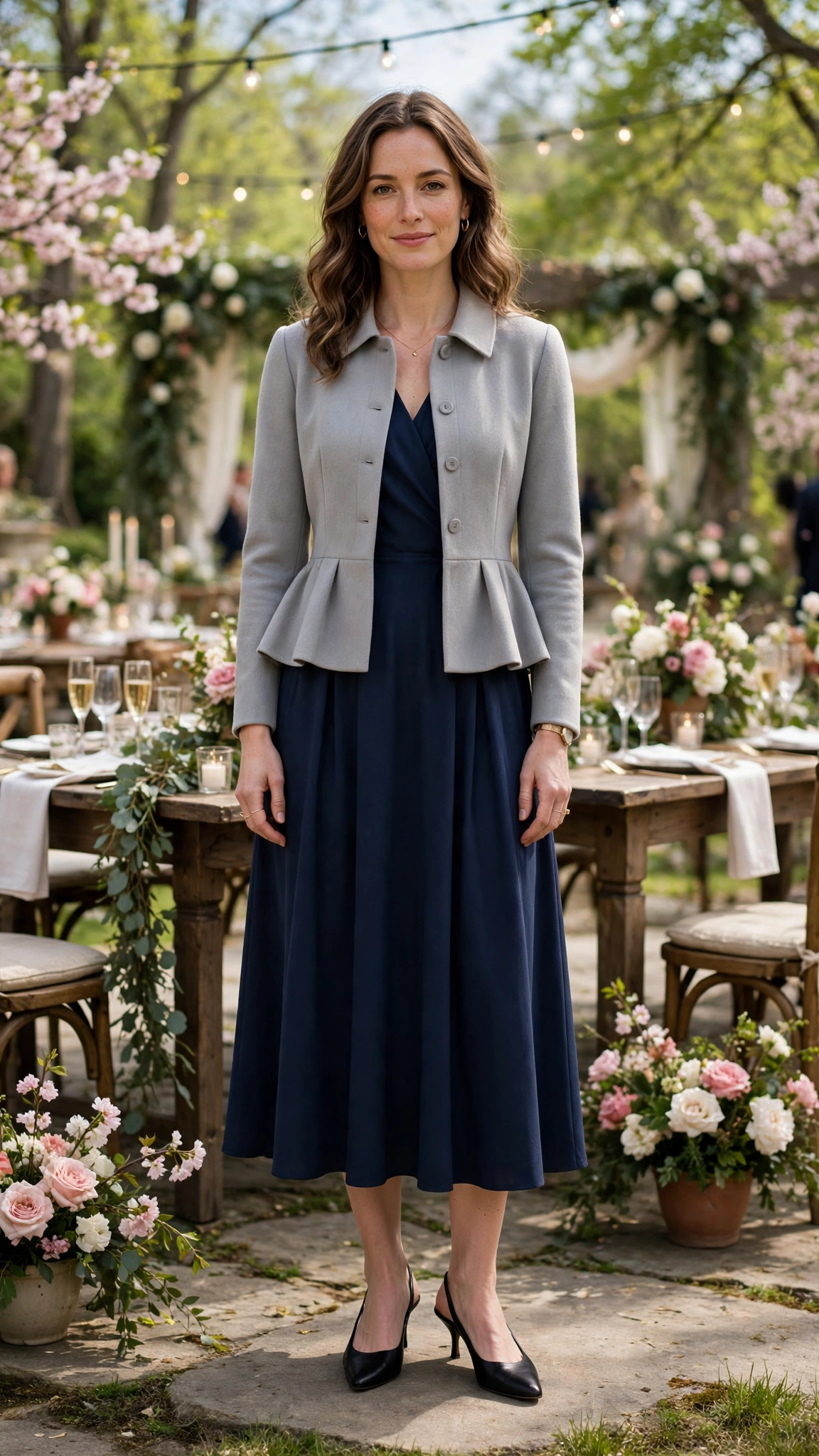 Soft Grey Peplum Jacket Outfit with a navy tea dress and slingback heels