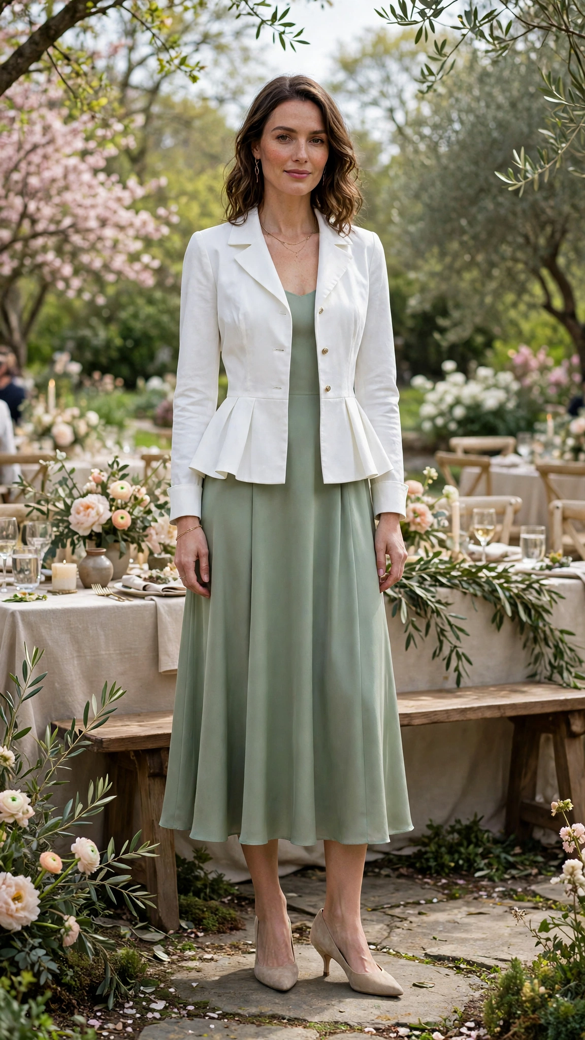 White Peplum Jacket Outfit with a sage midi dress and kitten heels