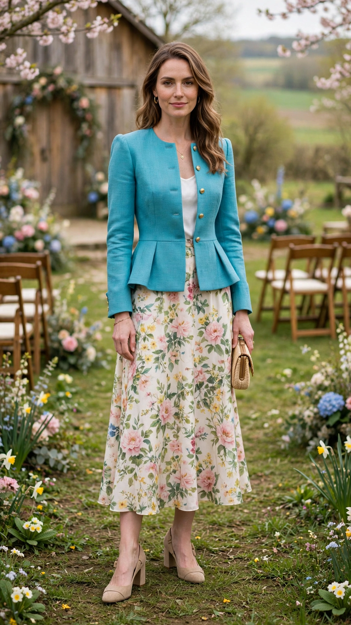 Turquoise Peplum Jacket Outfit with a floral midi skirt and block heels
