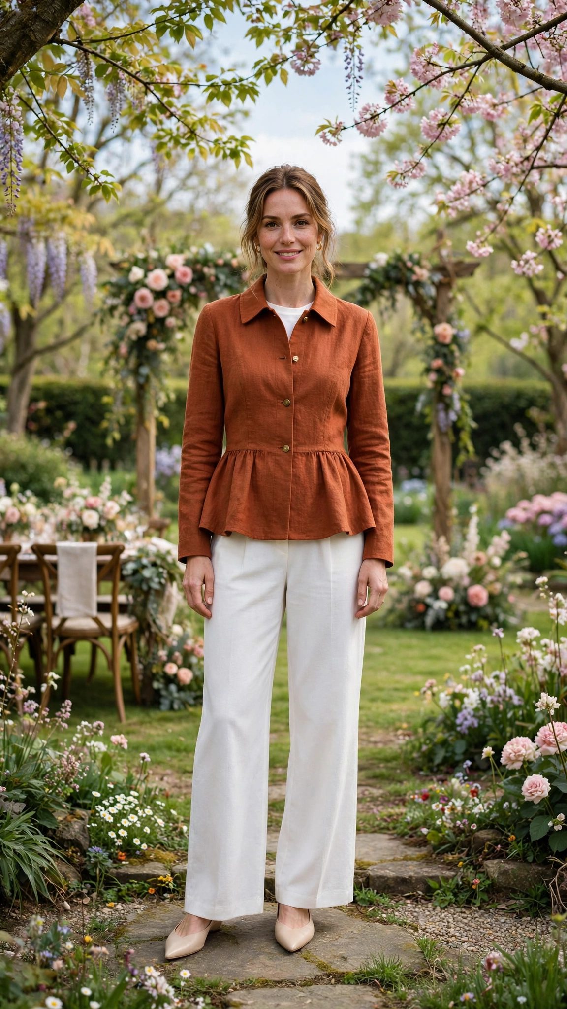 Rust Peplum Jacket Outfit with white wide-leg trousers and pointed flats
