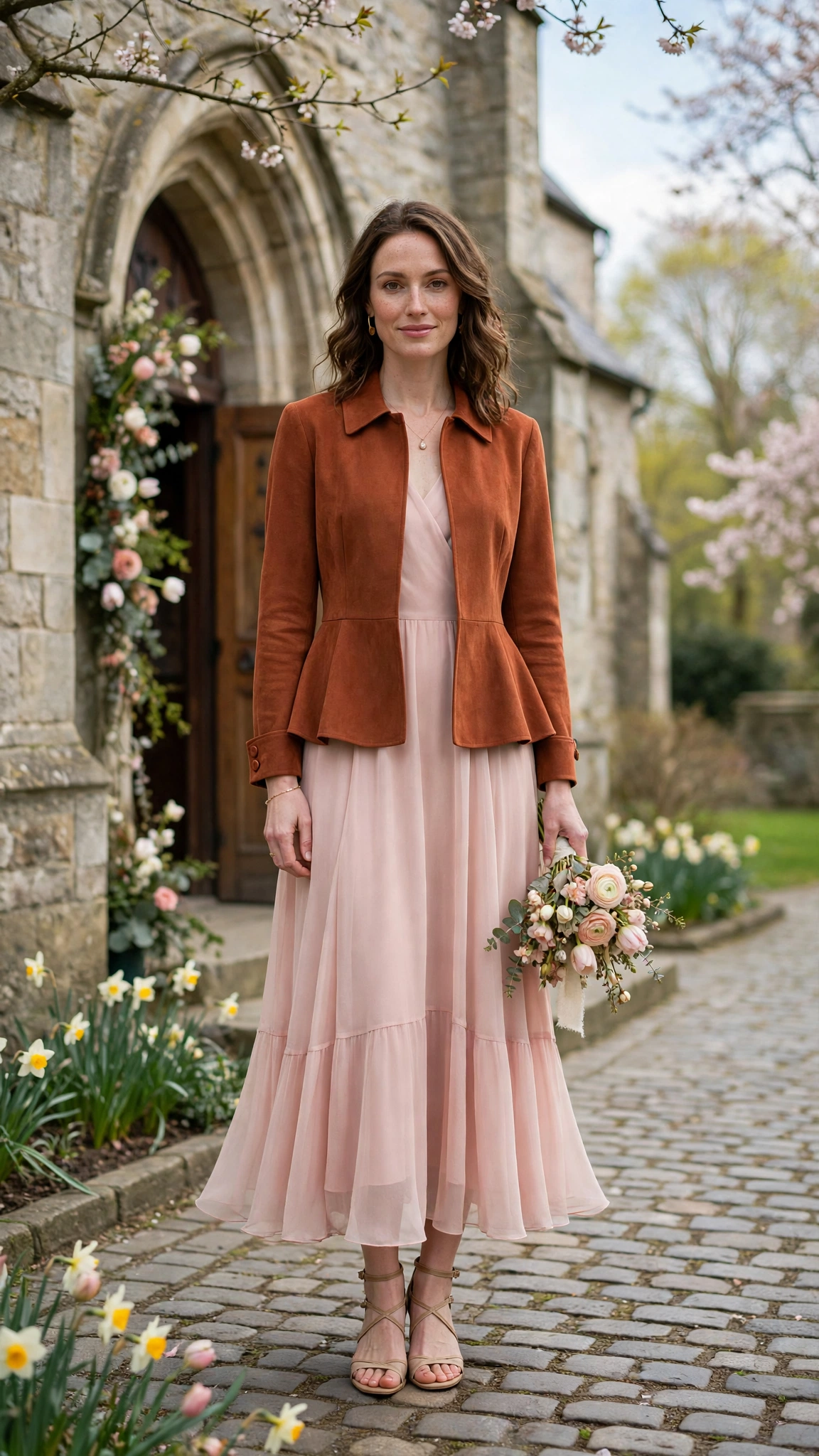 Rust Peplum Jacket Outfit with a blush chiffon dress and strappy sandals