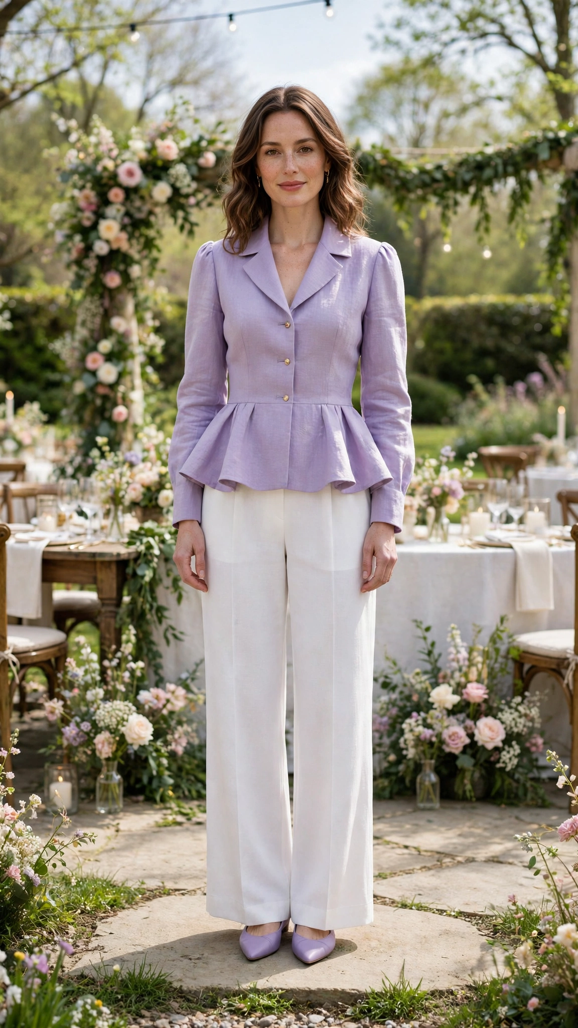 Lavender Peplum Jacket Outfit with white wide-leg trousers and pointed flats