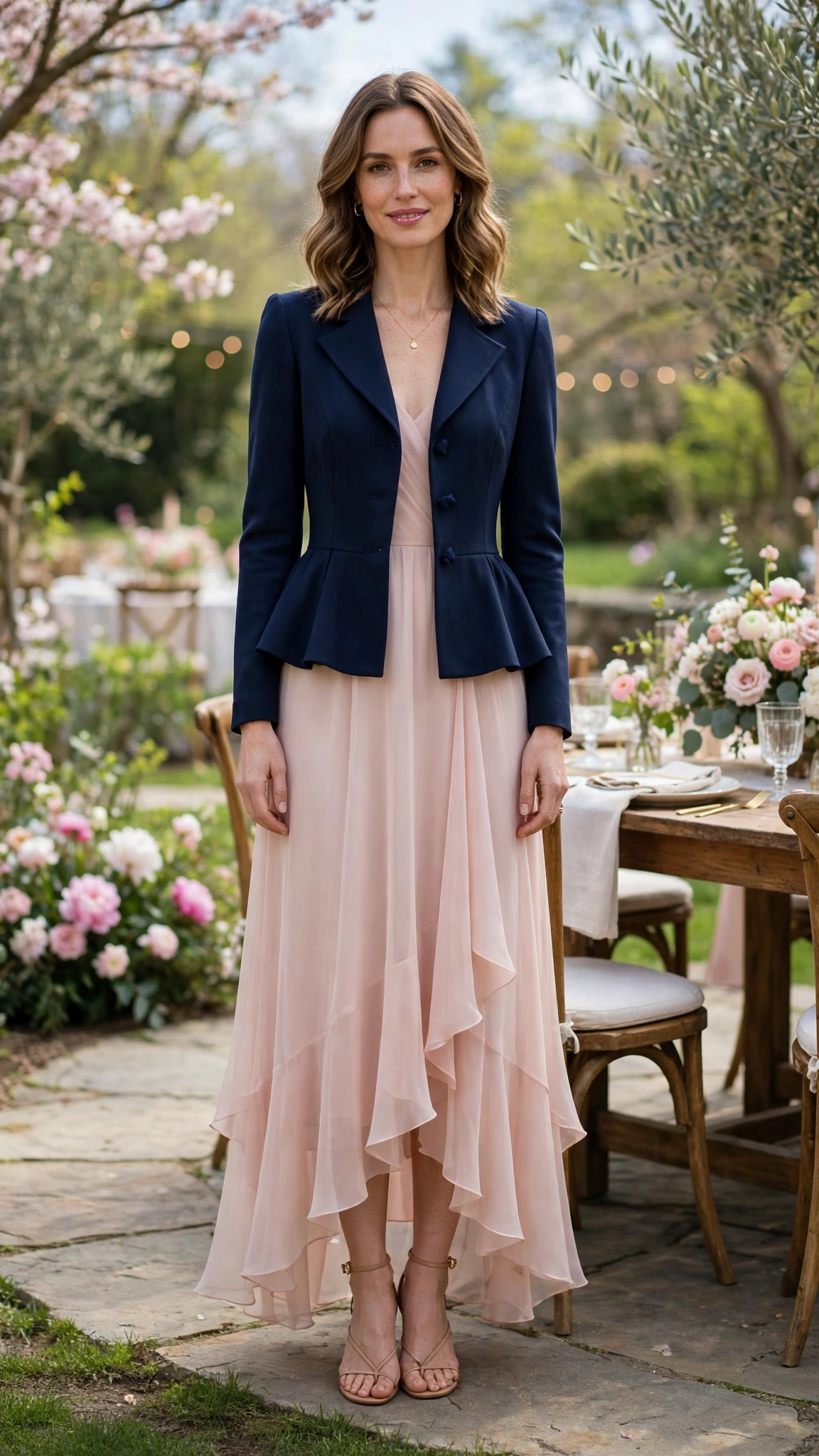 Midnight Blue Peplum Jacket Outfit with a blush chiffon dress and strappy sandals