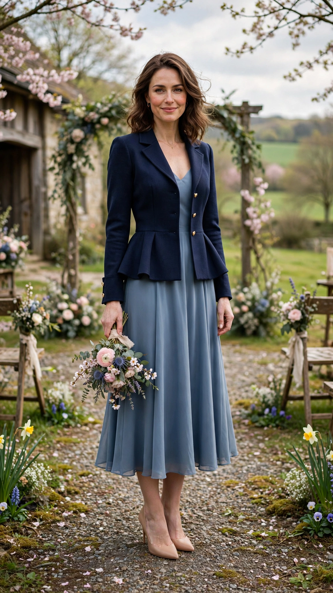 Navy Peplum Jacket Outfit with a dusty blue dress and nude heels