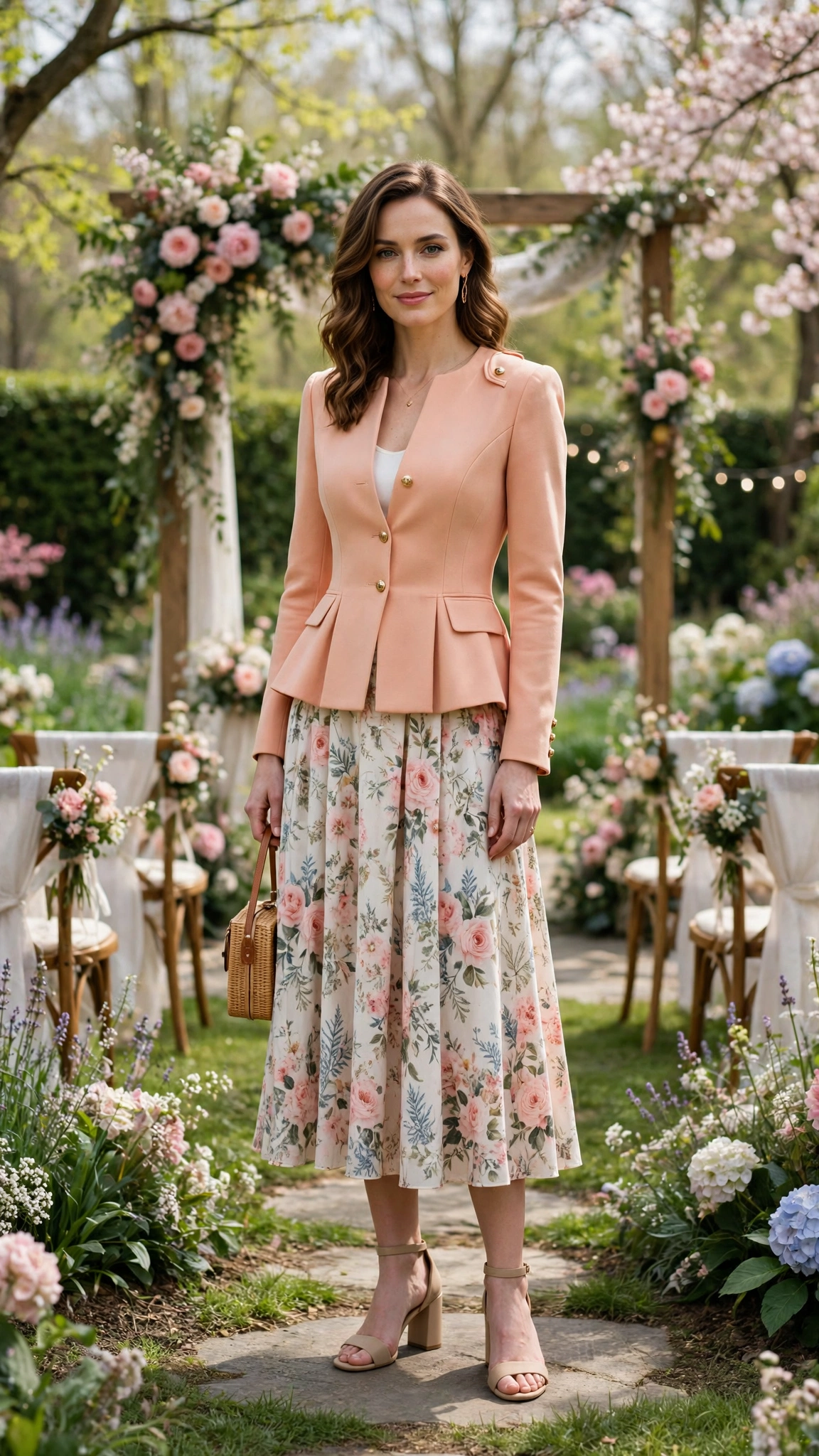Peach Peplum Jacket Outfit with a floral midi skirt and block heels