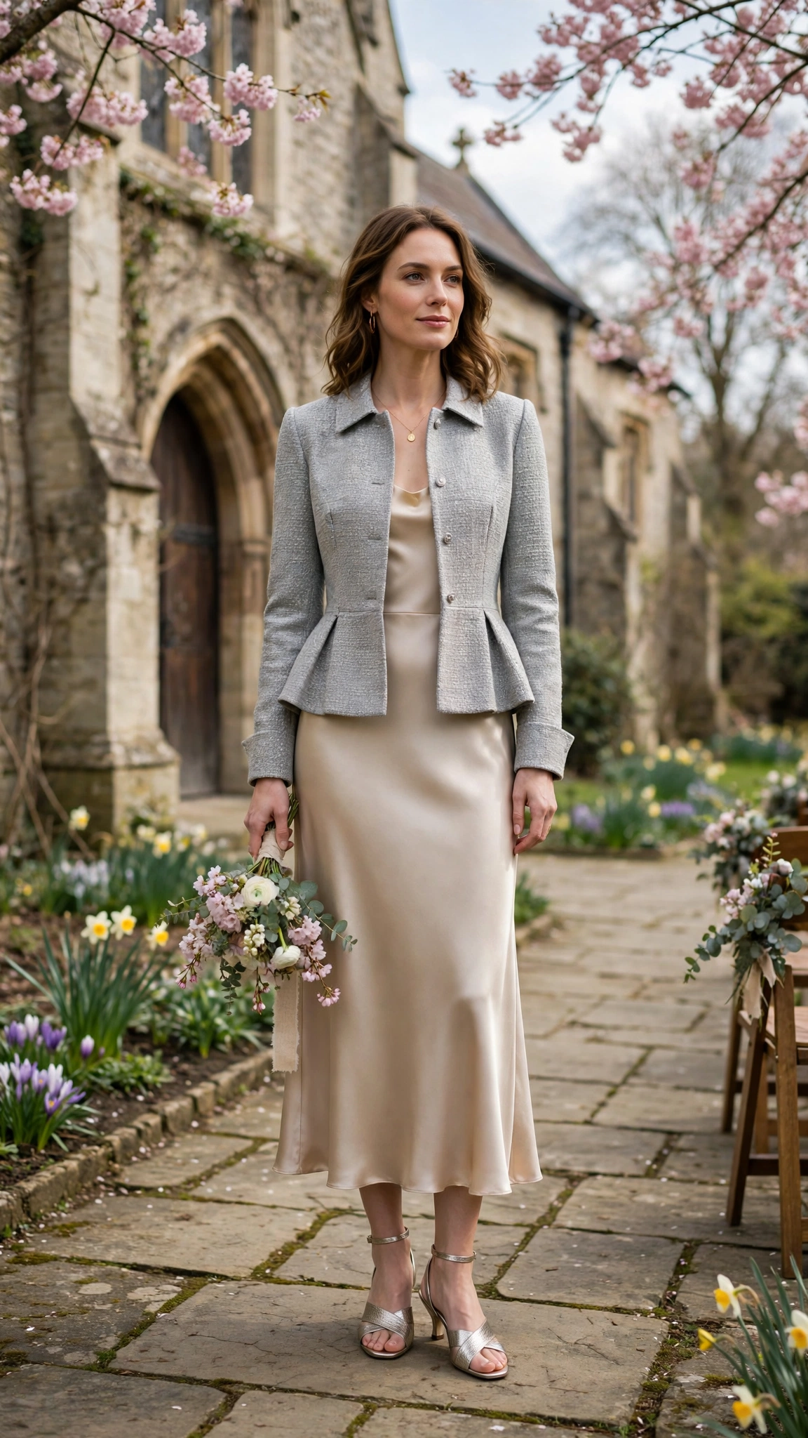 Silver Grey Peplum Jacket Outfit with a champagne satin dress and metallic sandals
