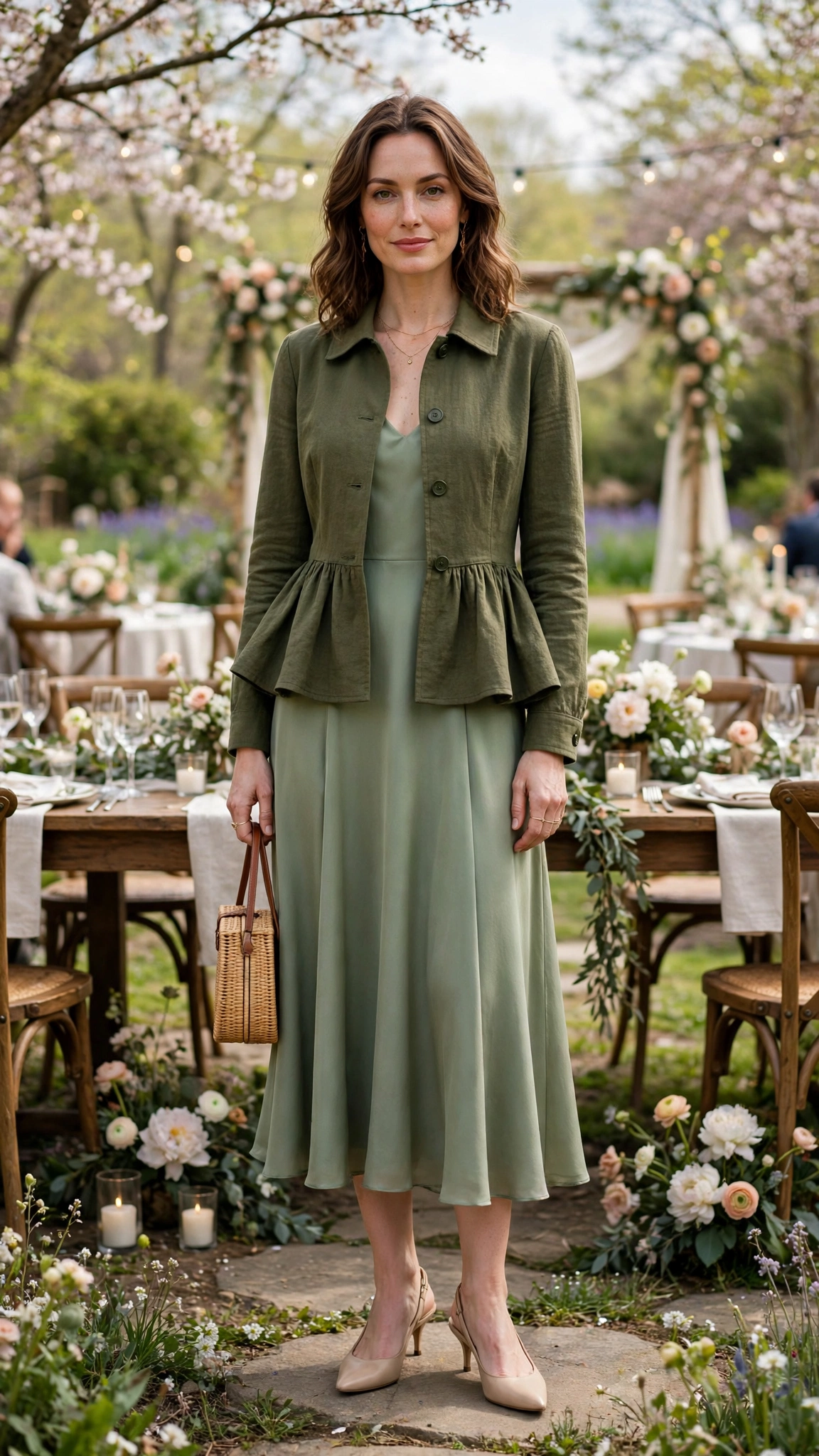 Olive Peplum Jacket Outfit with a sage midi dress and kitten heels