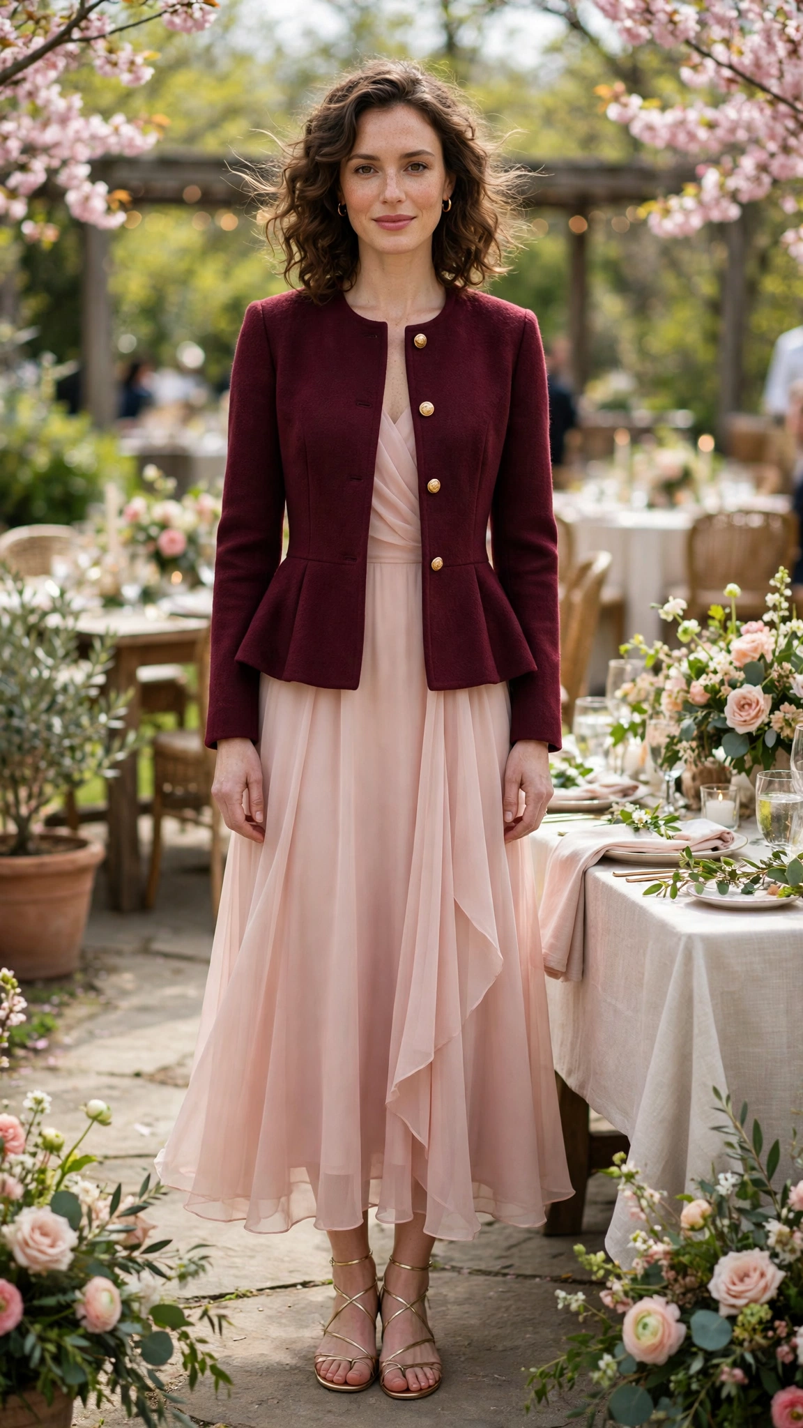 Burgundy Peplum Jacket Outfit with a blush chiffon dress and strappy sandals