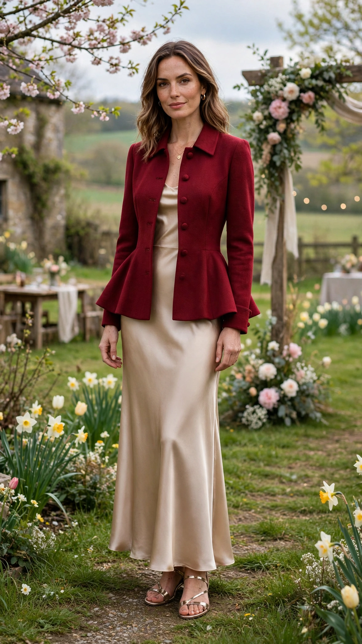 Deep Red Peplum Jacket Outfit with a champagne satin dress and metallic sandals