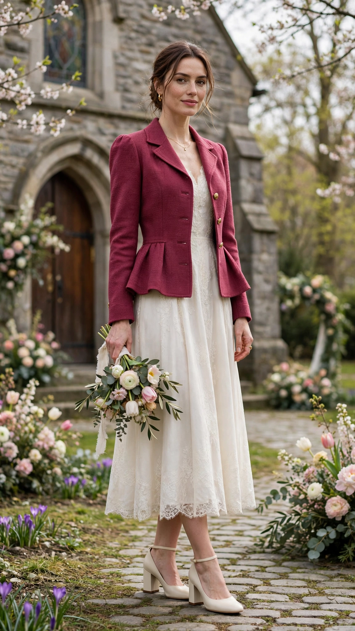 Berry Peplum Jacket Outfit with an ivory midi dress and block heels