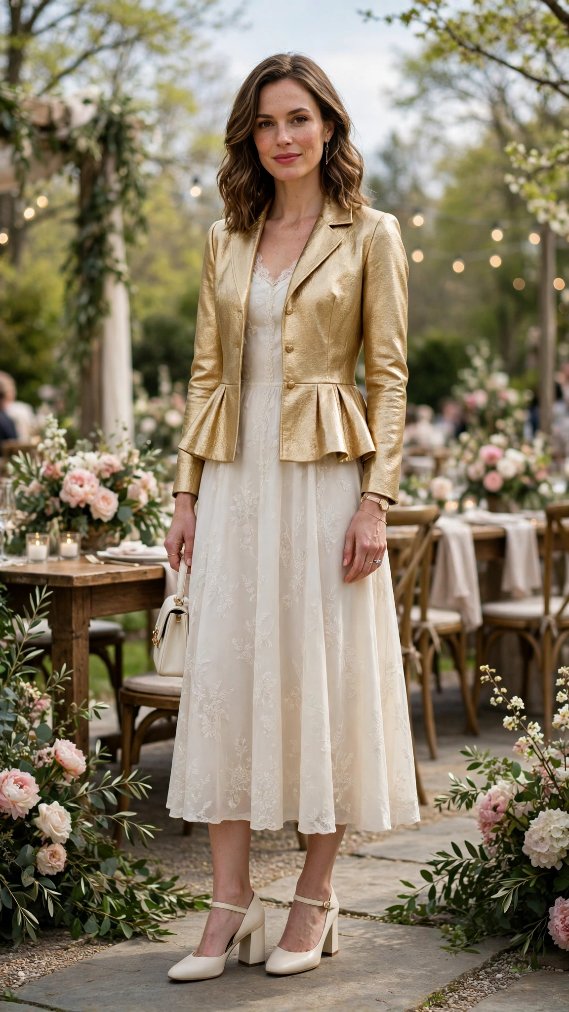Gold Peplum Jacket Outfit with an ivory midi dress and block heels