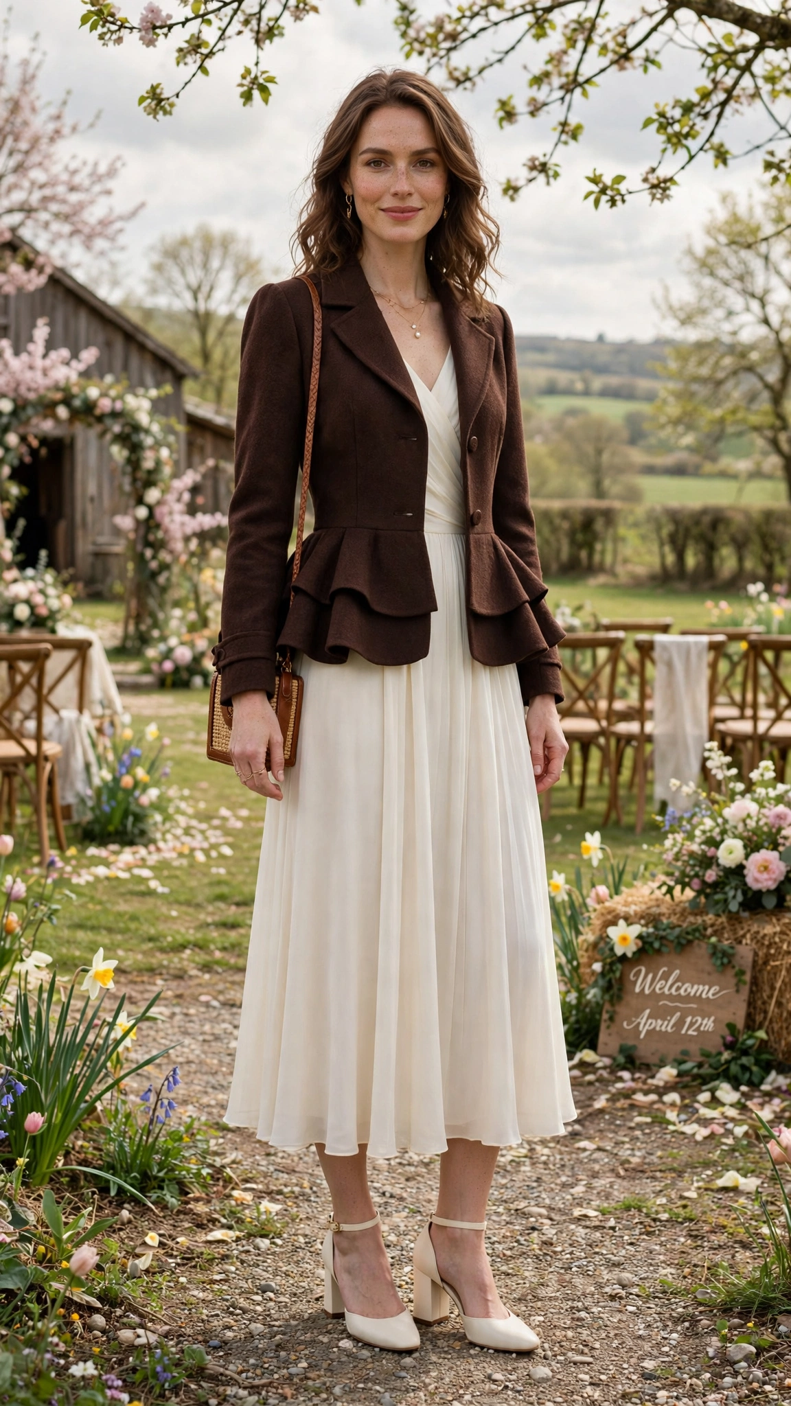 Chocolate Peplum Jacket Outfit with an ivory midi dress and block heels