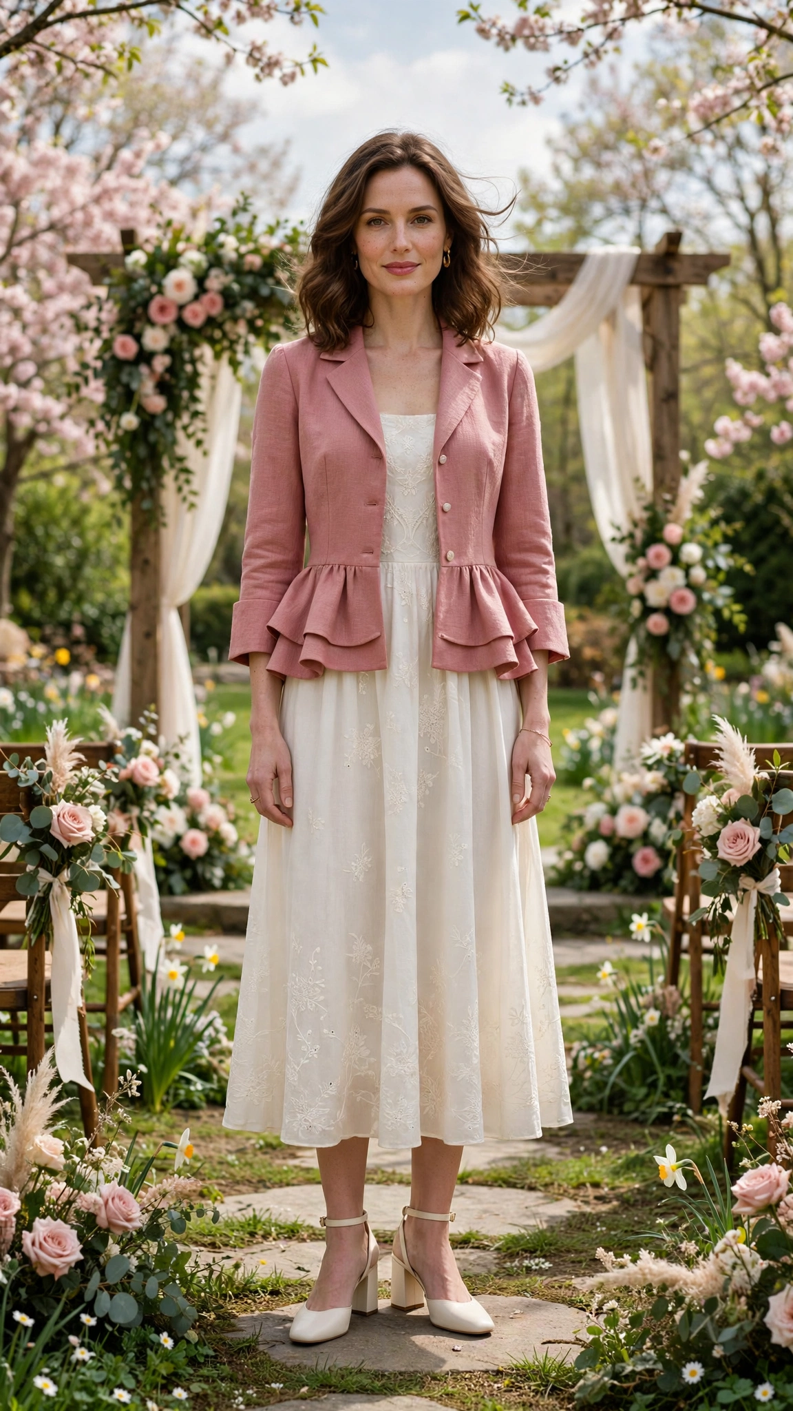 Dusty Rose Peplum Jacket Outfit with an ivory midi dress and block heels