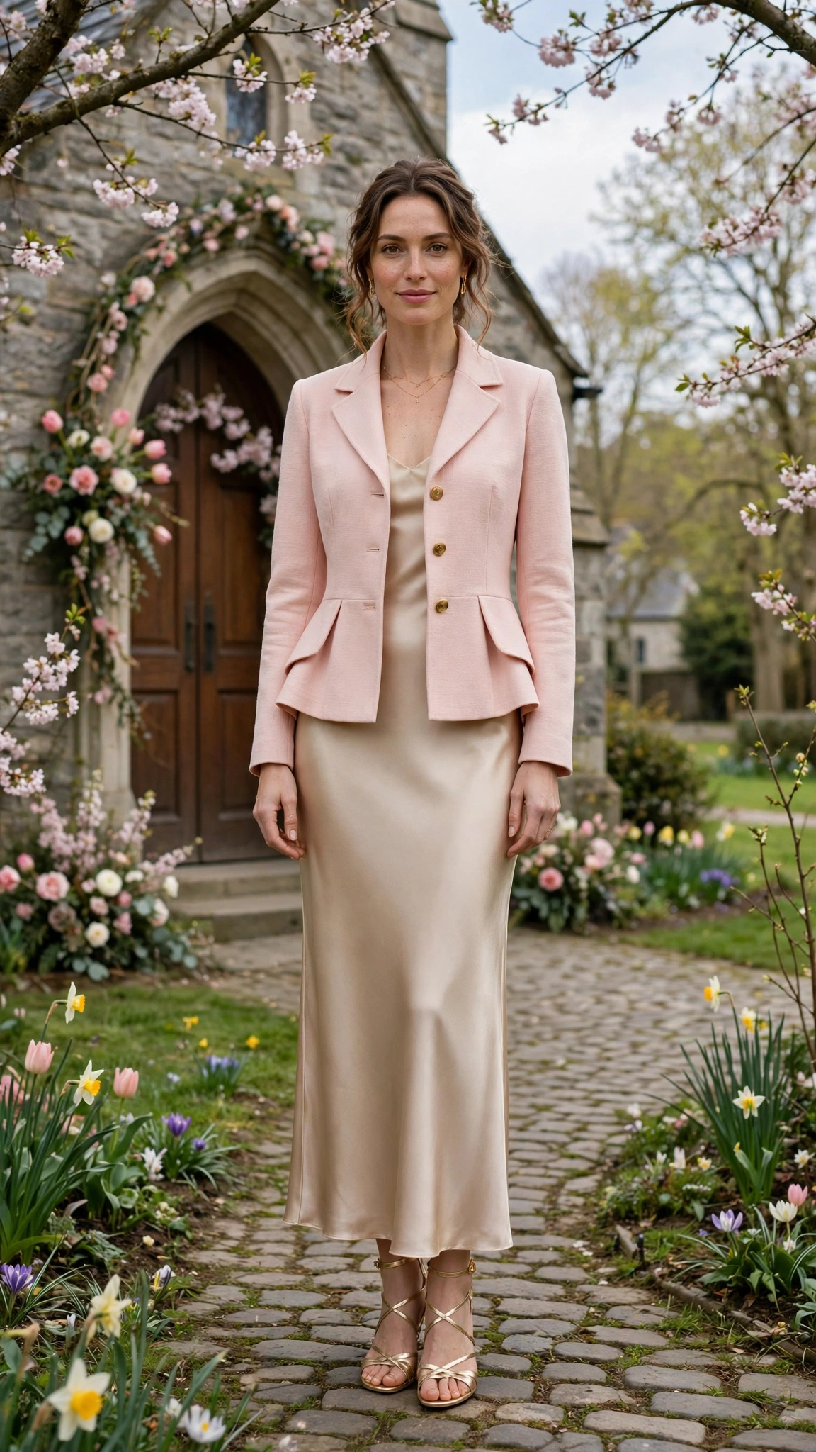Blush Pink Peplum Jacket Outfit with a champagne satin dress and metallic sandals
