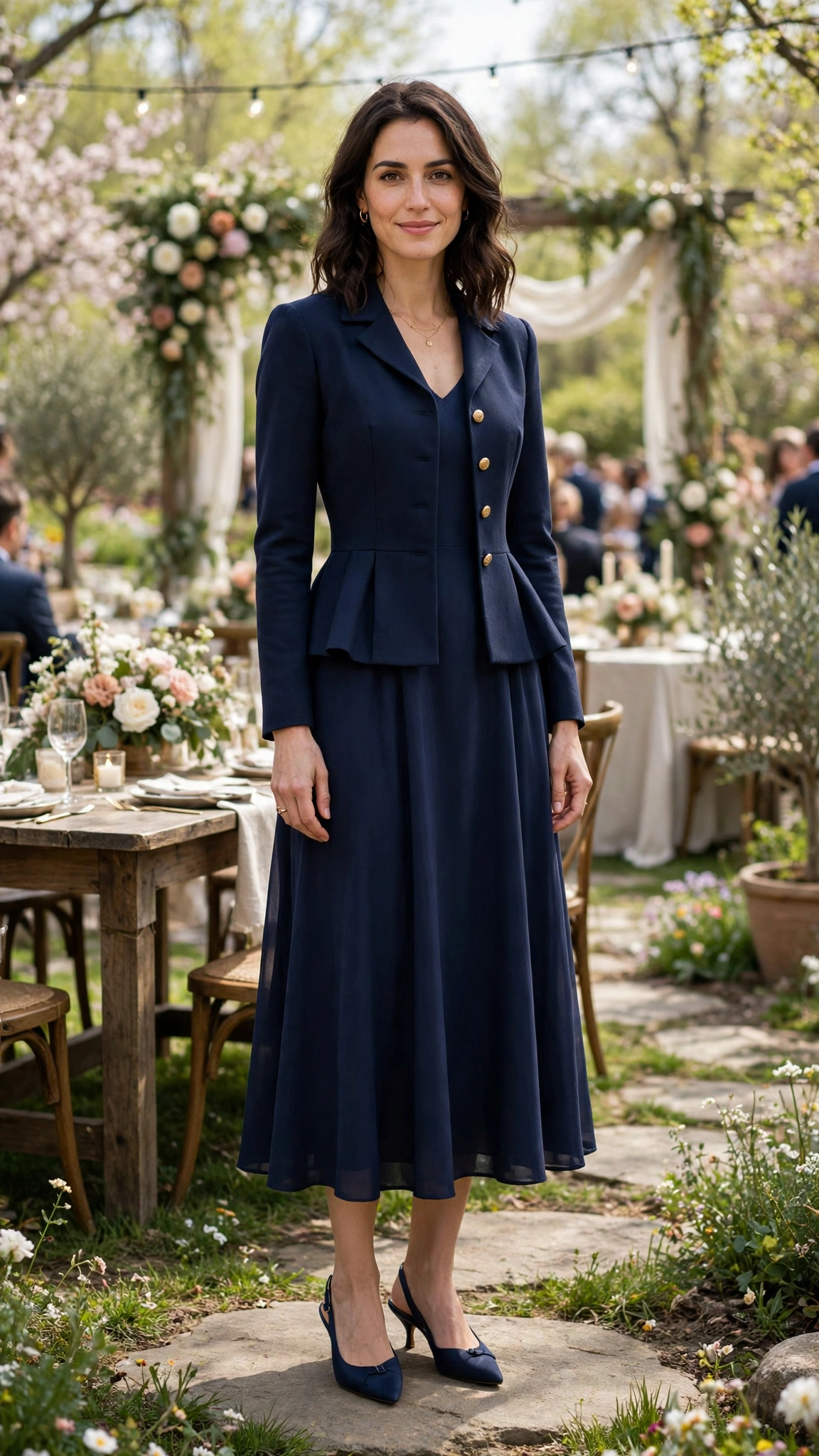 Navy Peplum Jacket Outfit with a navy tea dress and slingback heels
