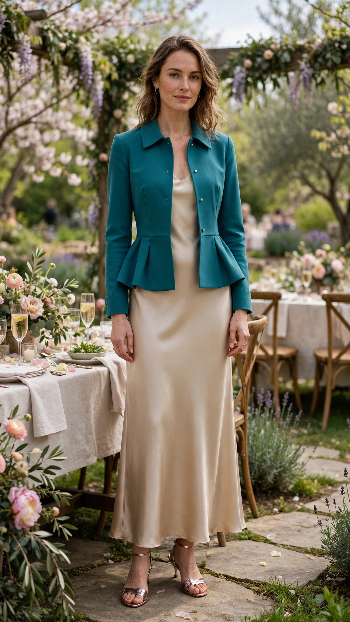 Teal Peplum Jacket Outfit with a champagne satin dress and metallic sandals
