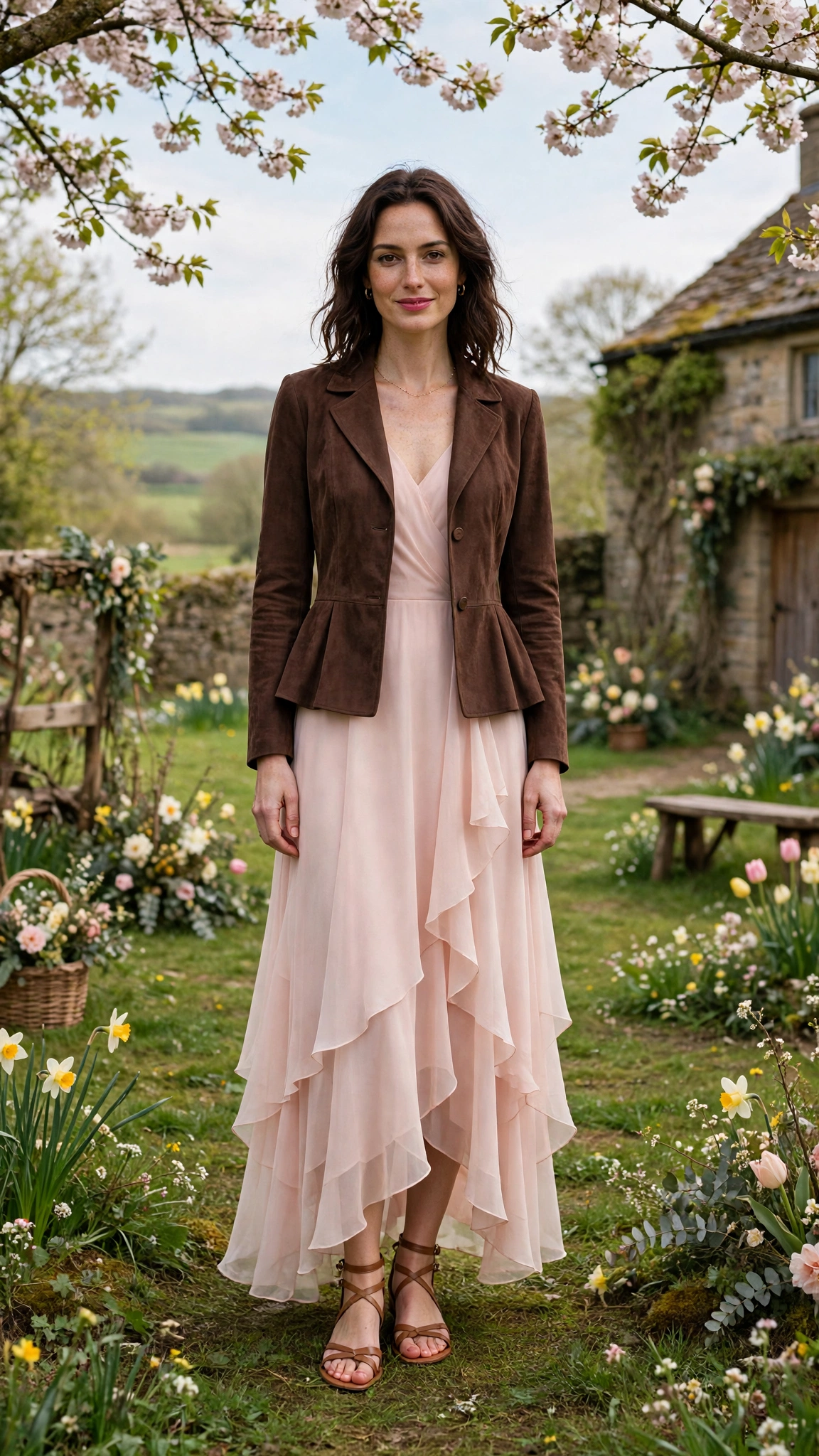 Chocolate Peplum Jacket Outfit with a blush chiffon dress and strappy sandals