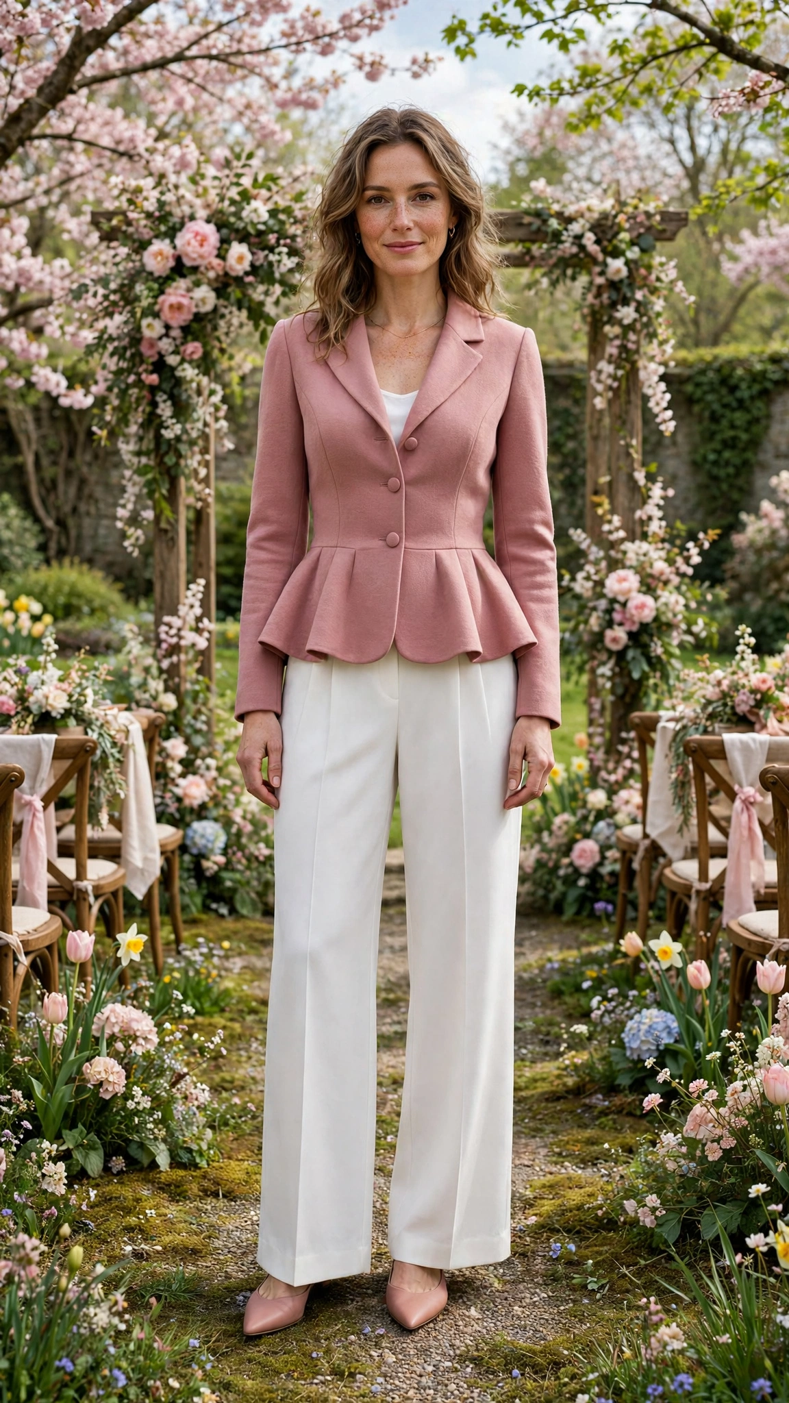 Dusty Rose Peplum Jacket Outfit with white wide-leg trousers and pointed flats