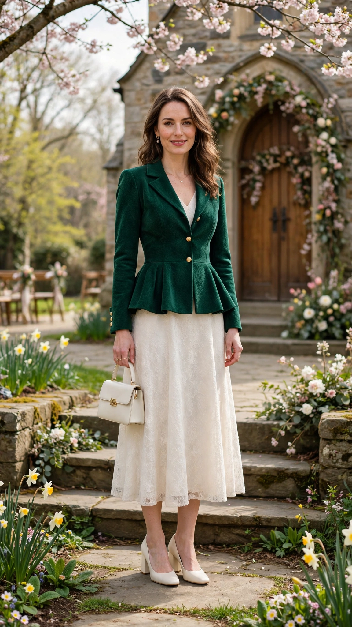 Emerald Peplum Jacket Outfit with an ivory midi dress and block heels