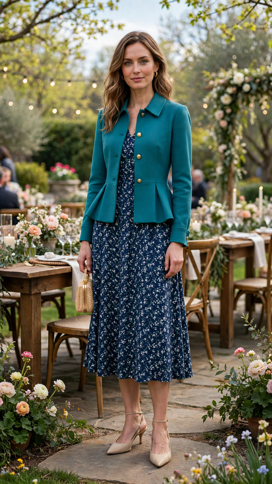 Teal Peplum Jacket Outfit with a navy tea dress and slingback heels