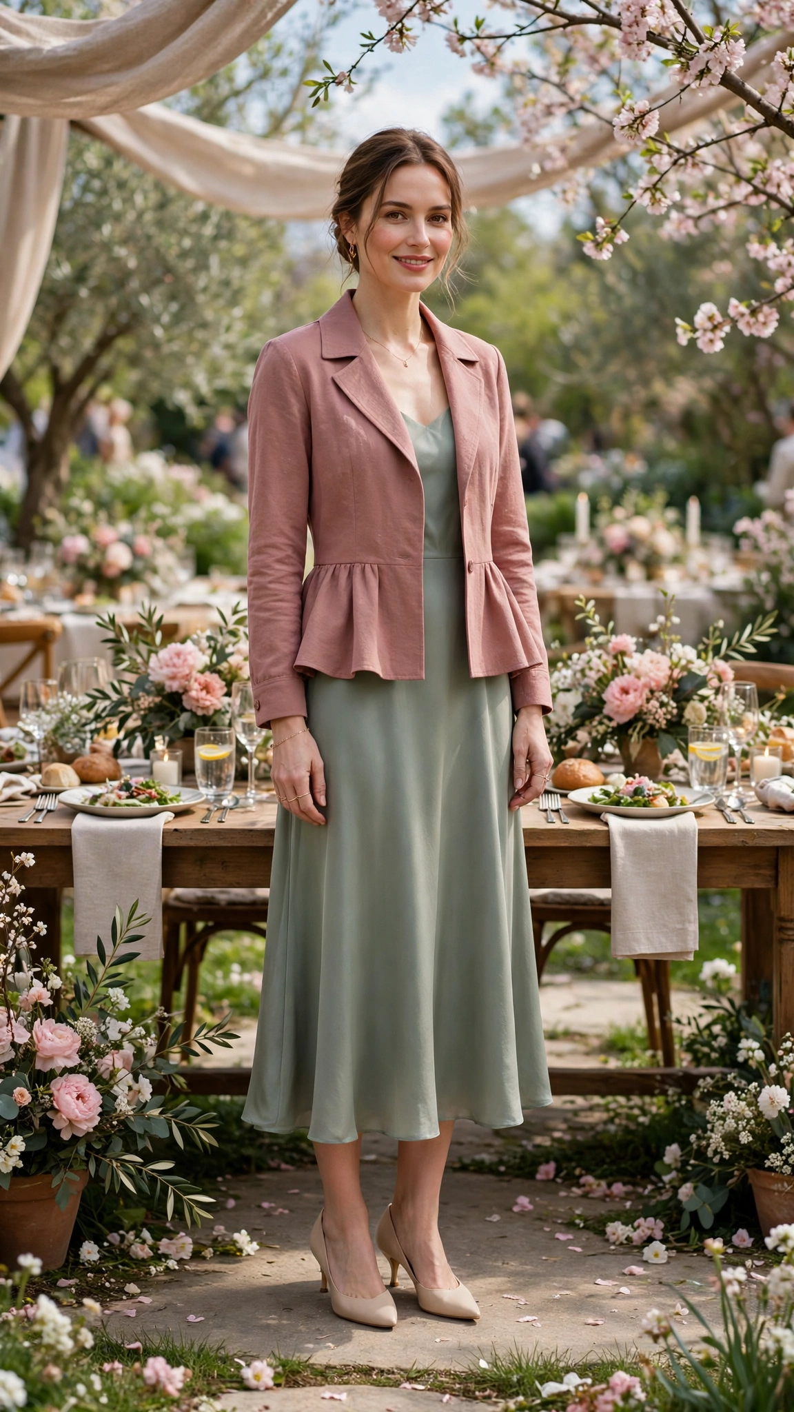 Dusty Rose Peplum Jacket Outfit with a sage midi dress and kitten heels