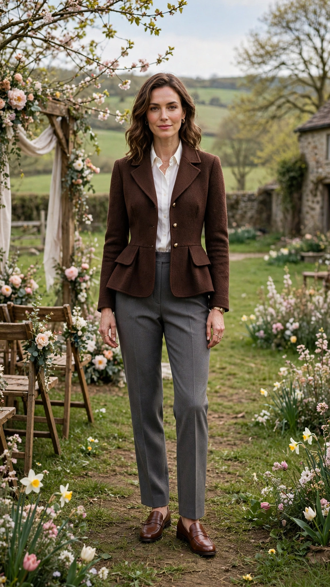 Chocolate Peplum Jacket Outfit with grey tailored trousers and loafers