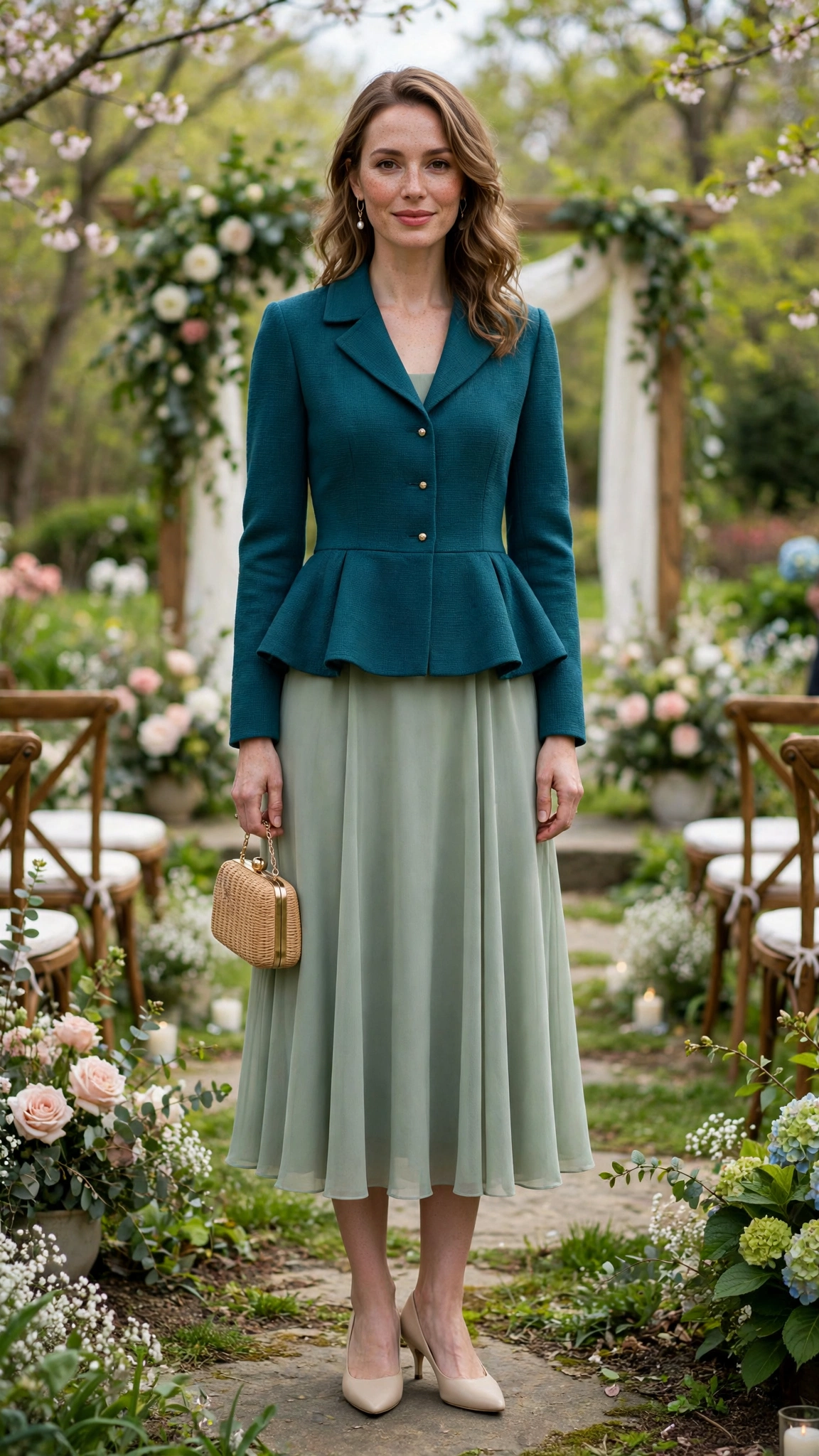 Teal Peplum Jacket Outfit with a sage midi dress and kitten heels