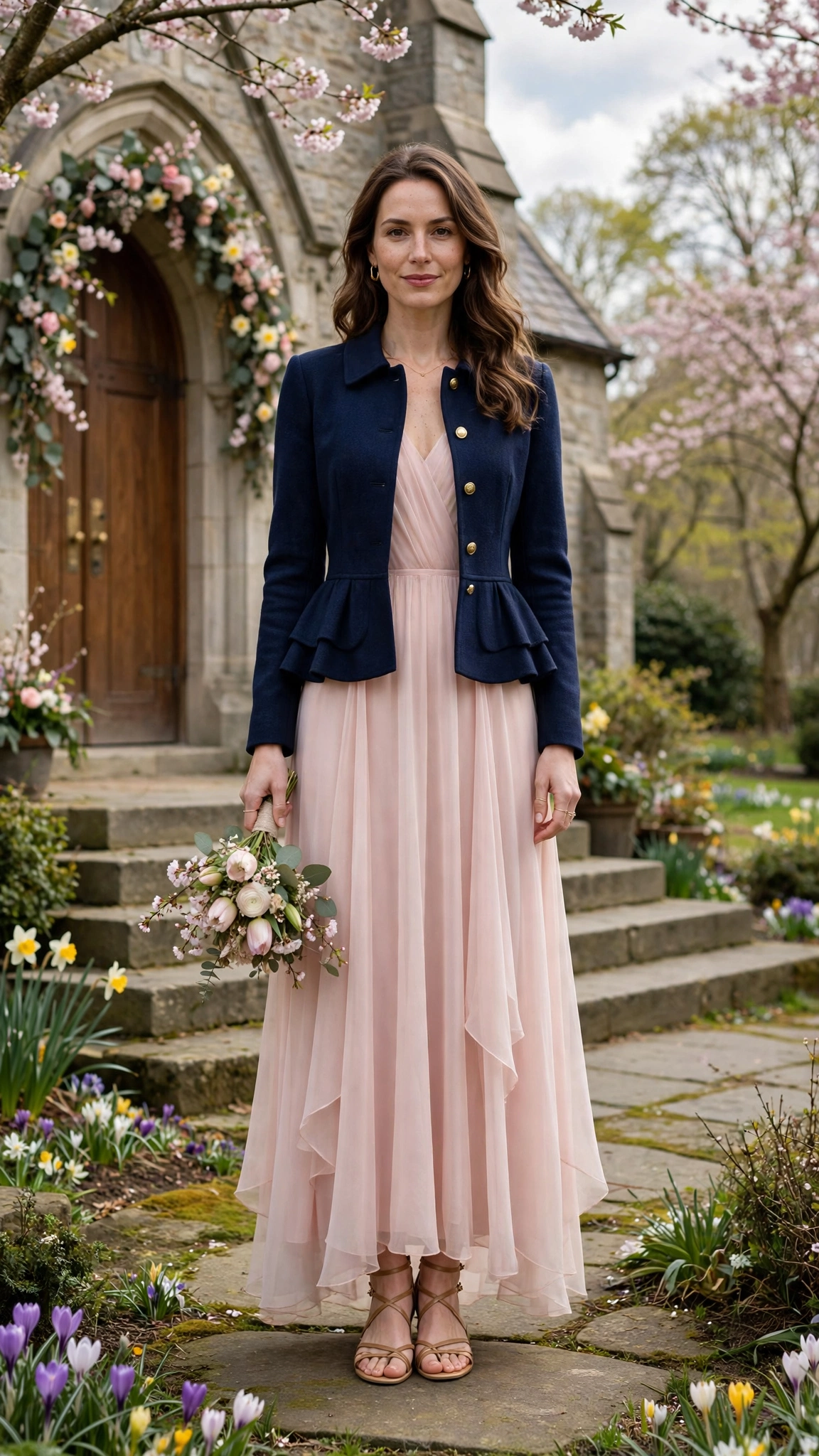 Navy Peplum Jacket Outfit with a blush chiffon dress and strappy sandals