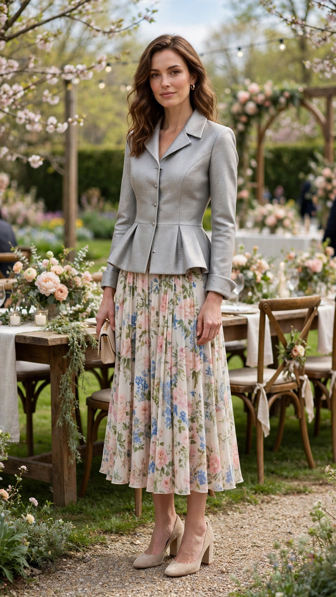 Silver Grey Peplum Jacket Outfit with a floral midi skirt and block heels