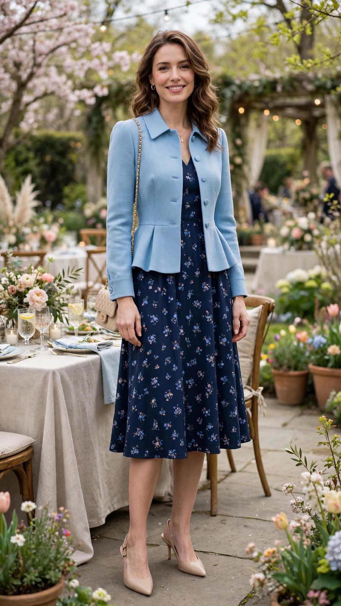 Sky Blue Peplum Jacket Outfit with a navy tea dress and slingback heels