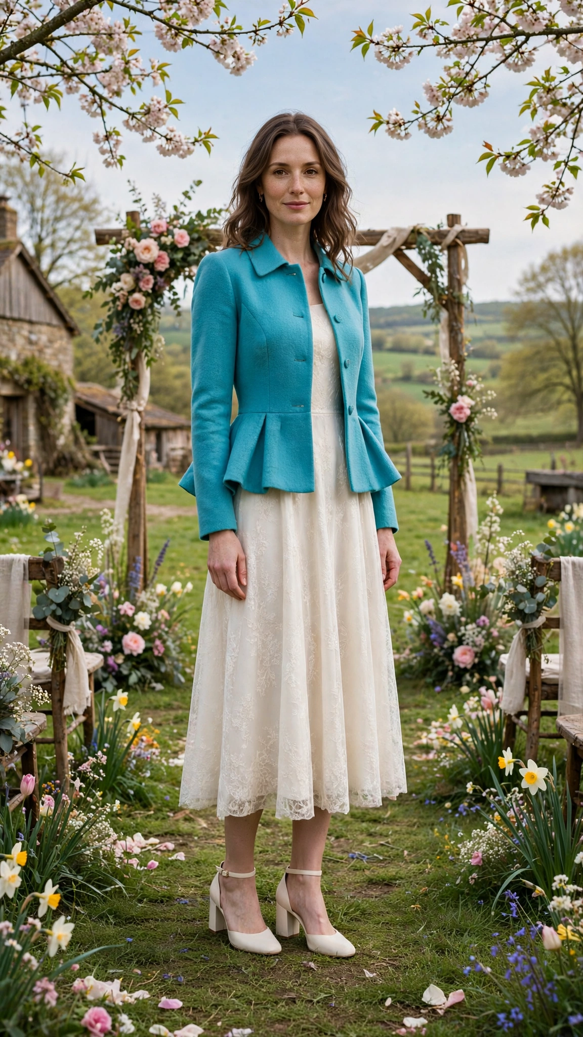 Turquoise Peplum Jacket Outfit with an ivory midi dress and block heels
