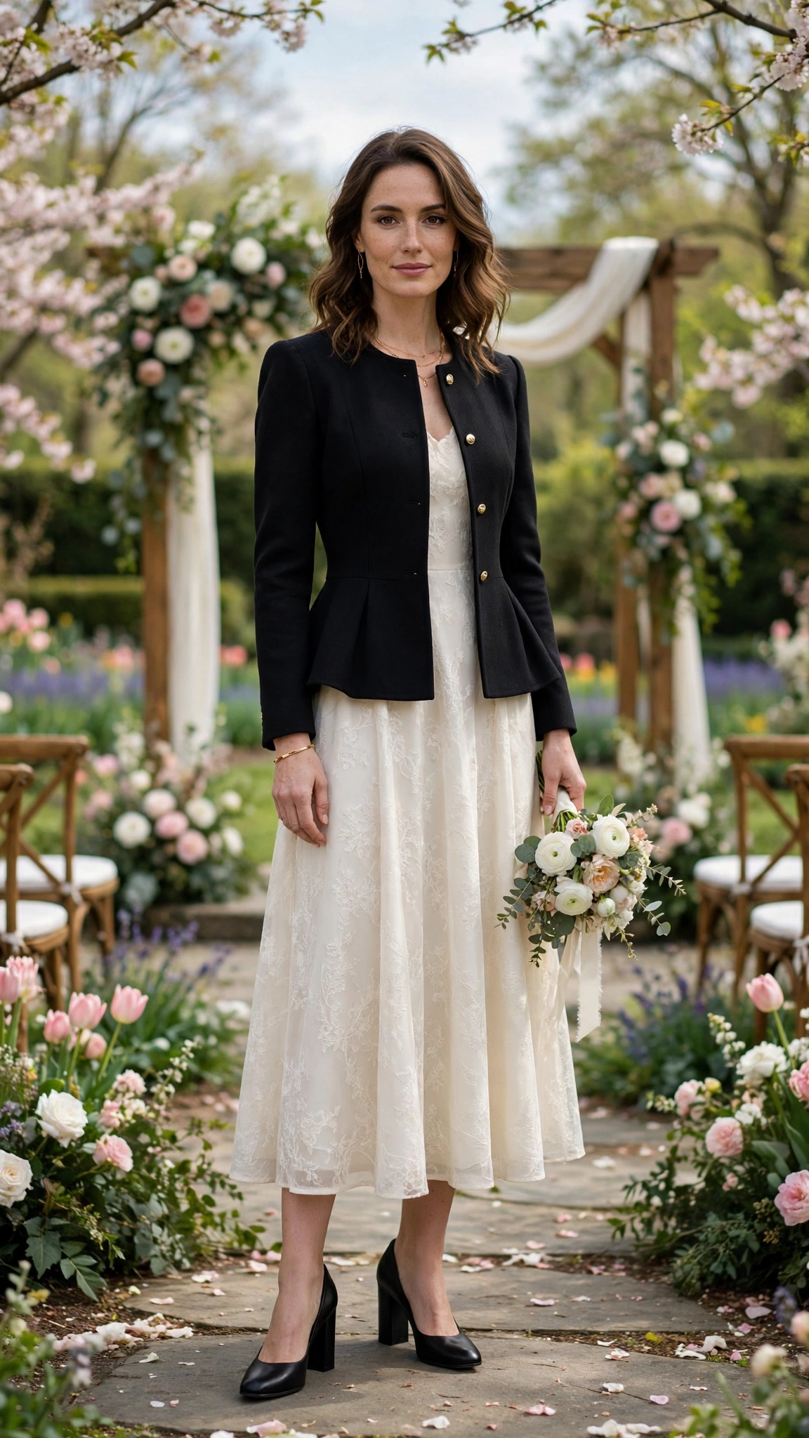 Black Peplum Jacket Outfit with an ivory midi dress and block heels