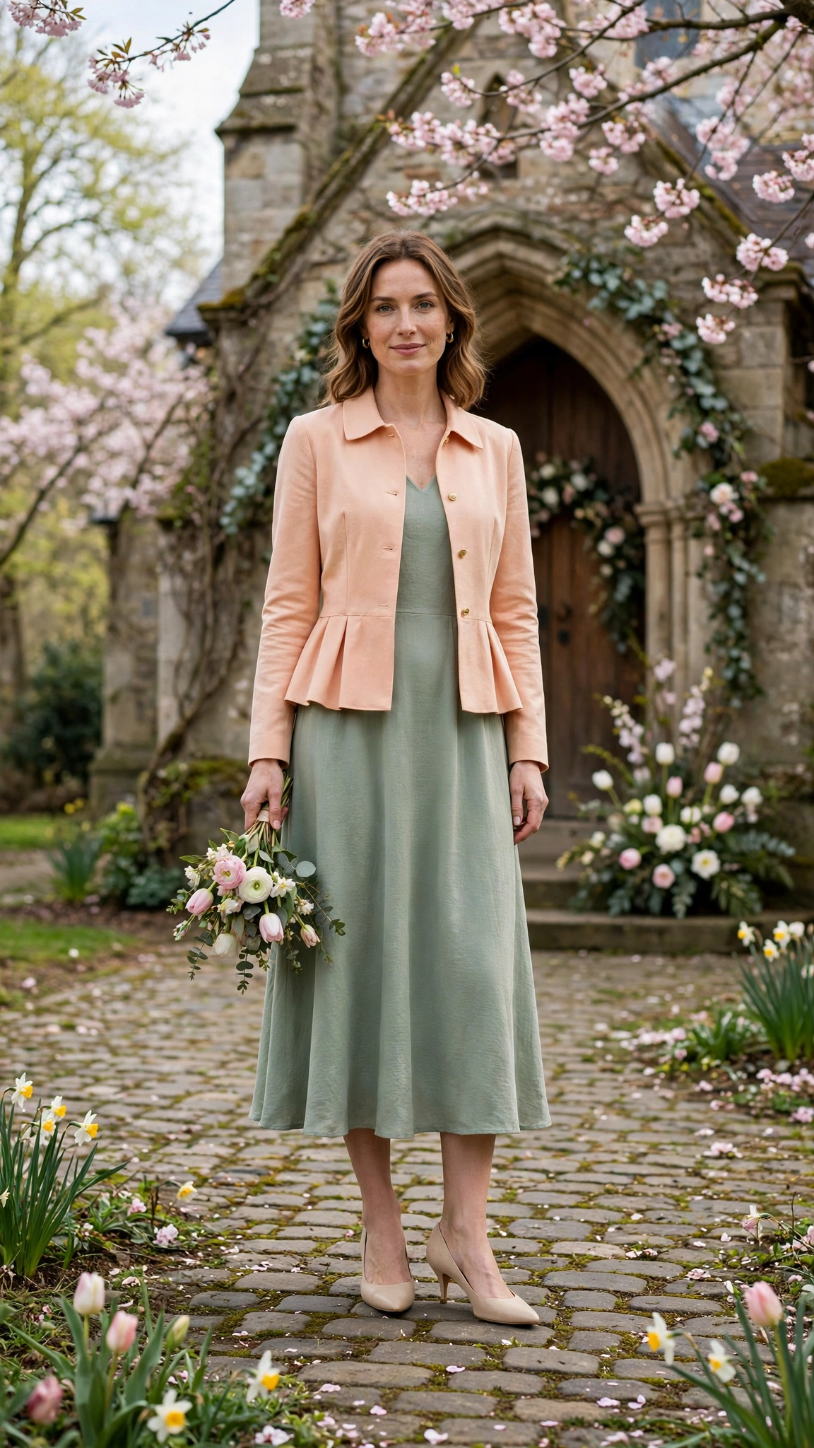 Peach Peplum Jacket Outfit with a sage midi dress and kitten heels